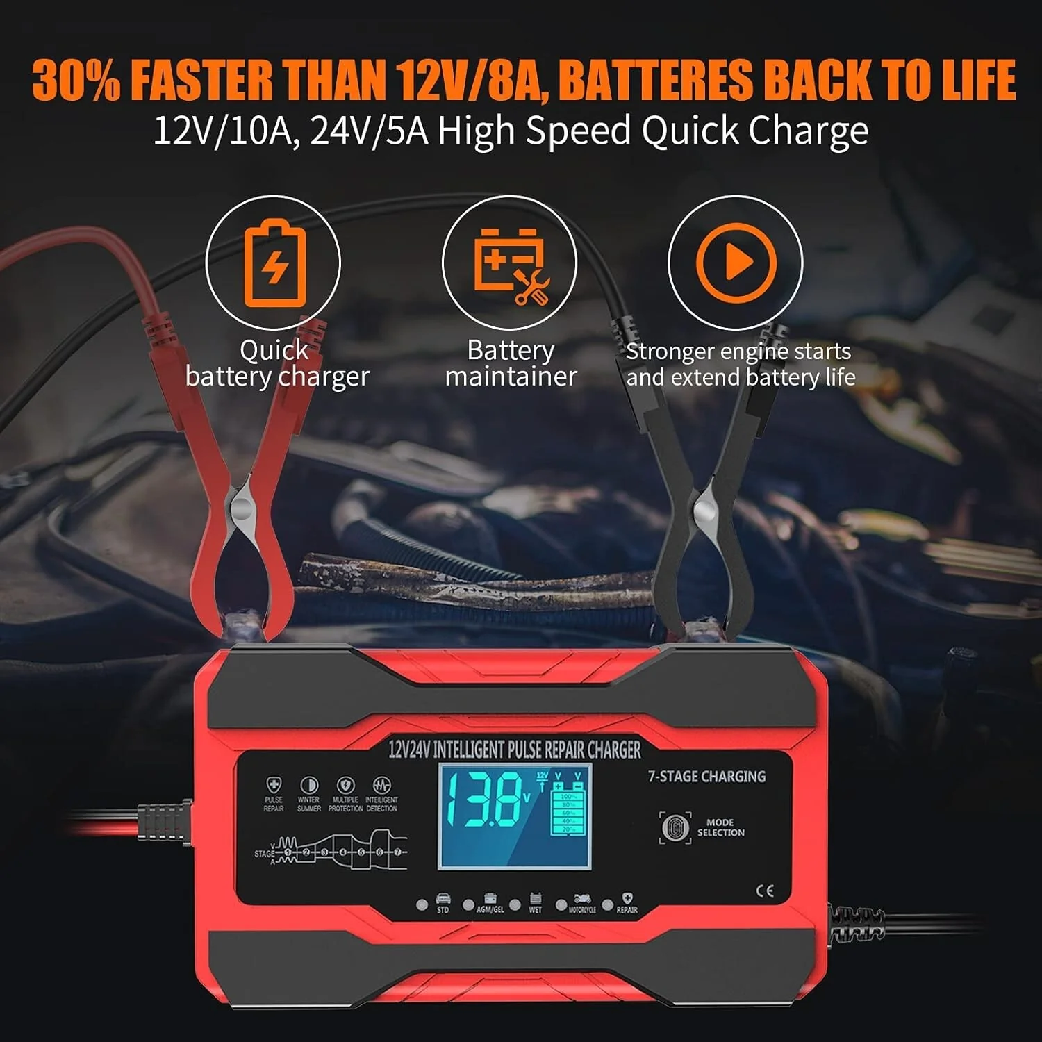10 Amp Auto Battery Charger for 12V and 24V Cars, Motorcycles, Trucks, and Vans - Image 2