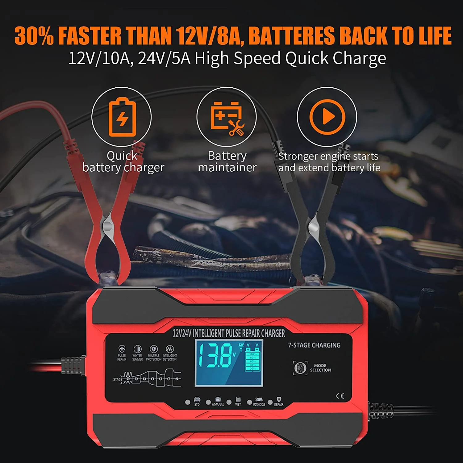 10 Amp Auto Battery Charger for 12V and 24V Cars, Motorcycles, and Trucks - Image 2