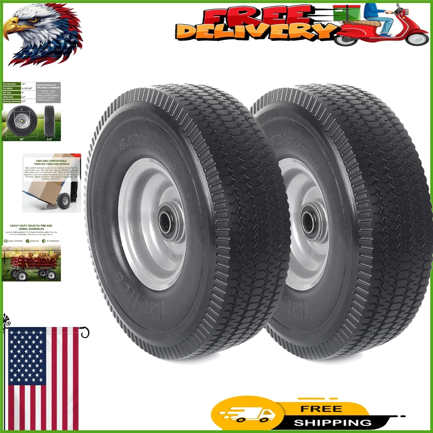 10-Inch Solid Tire and Wheel Assembly with Bearings 2-Pack Maintenance-Free - Image 9