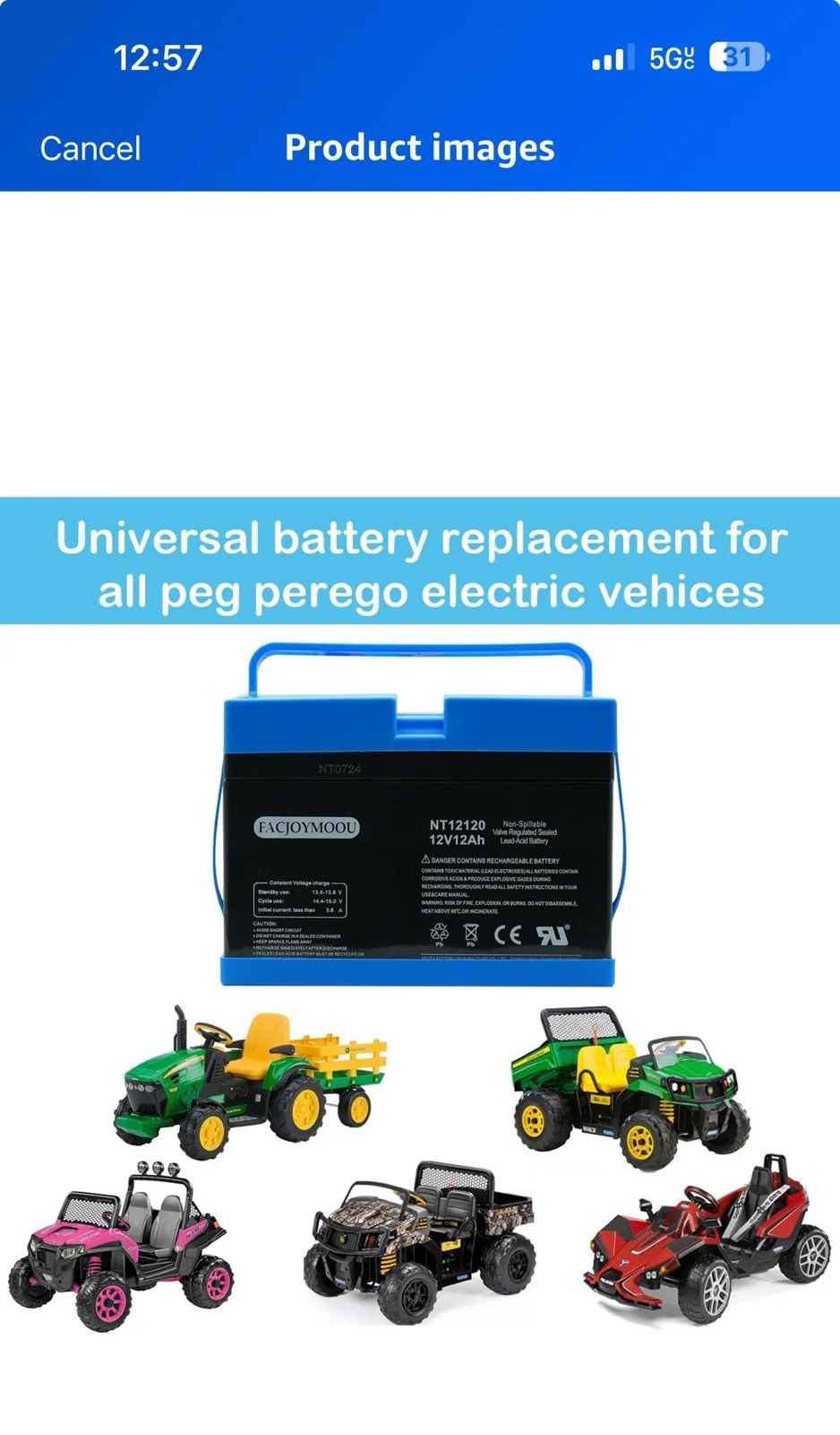 12 Volt Replacement Battery for Peg Perego John Deere Gator Polaris Gaucho Rockin' Case Vehicle - Image 2