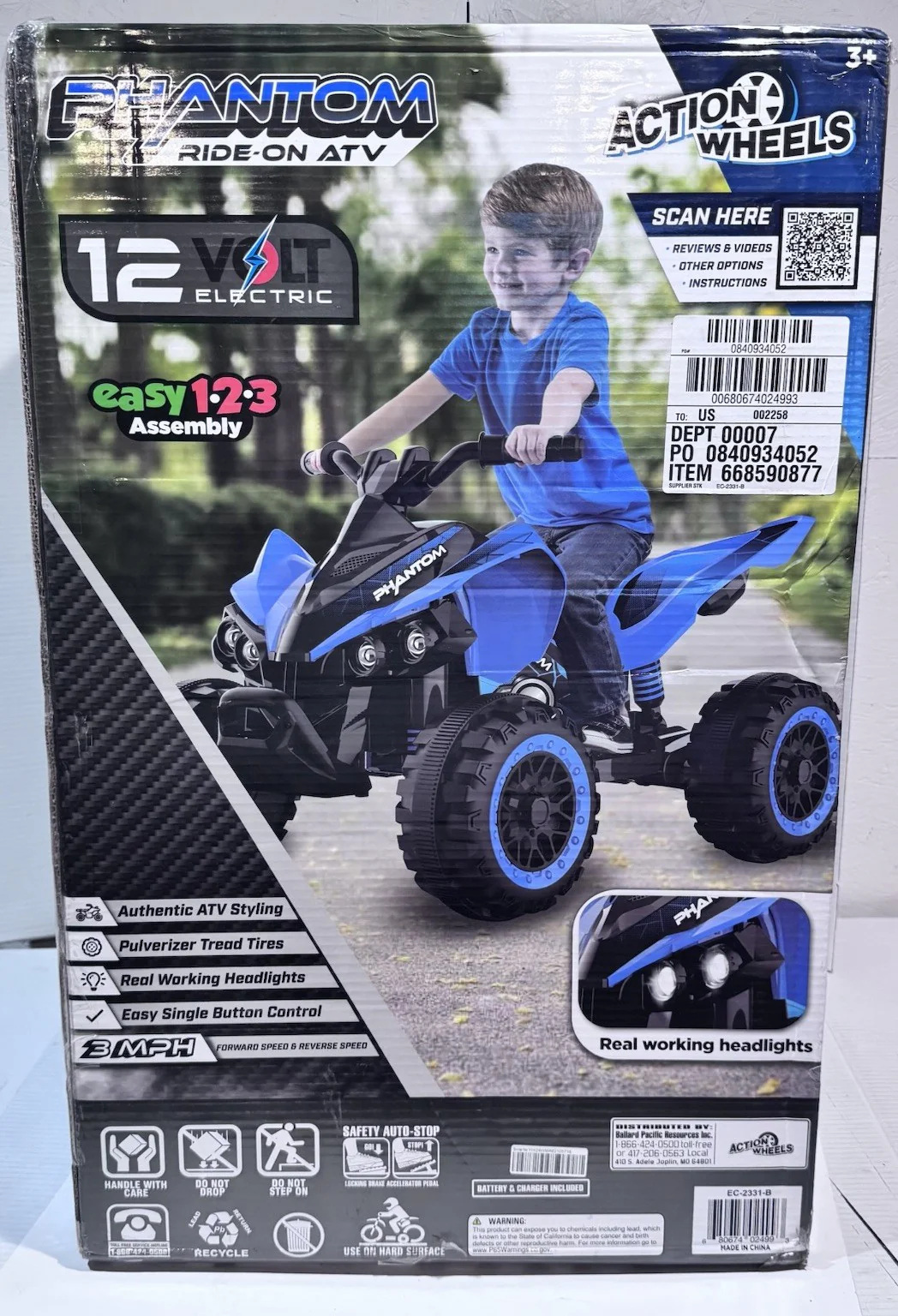 12 Volt Blue Phantom ATV Ride-On with Action Wheels, Battery Powered for Boys and Girls