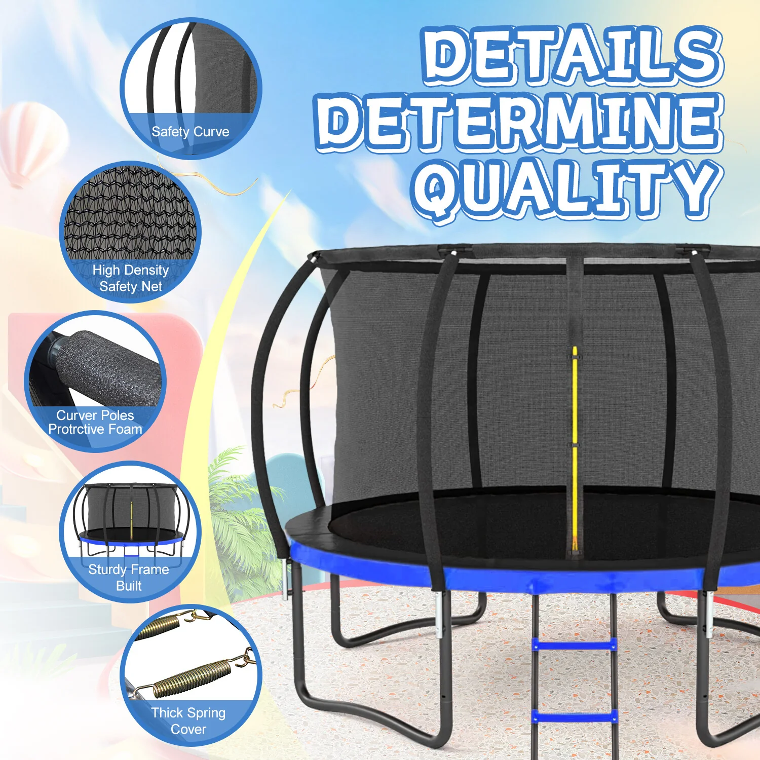 12FT Outdoor Trampoline with Inner Safety Enclosure Net, Ladder, PVC Spring Cover - Image 4
