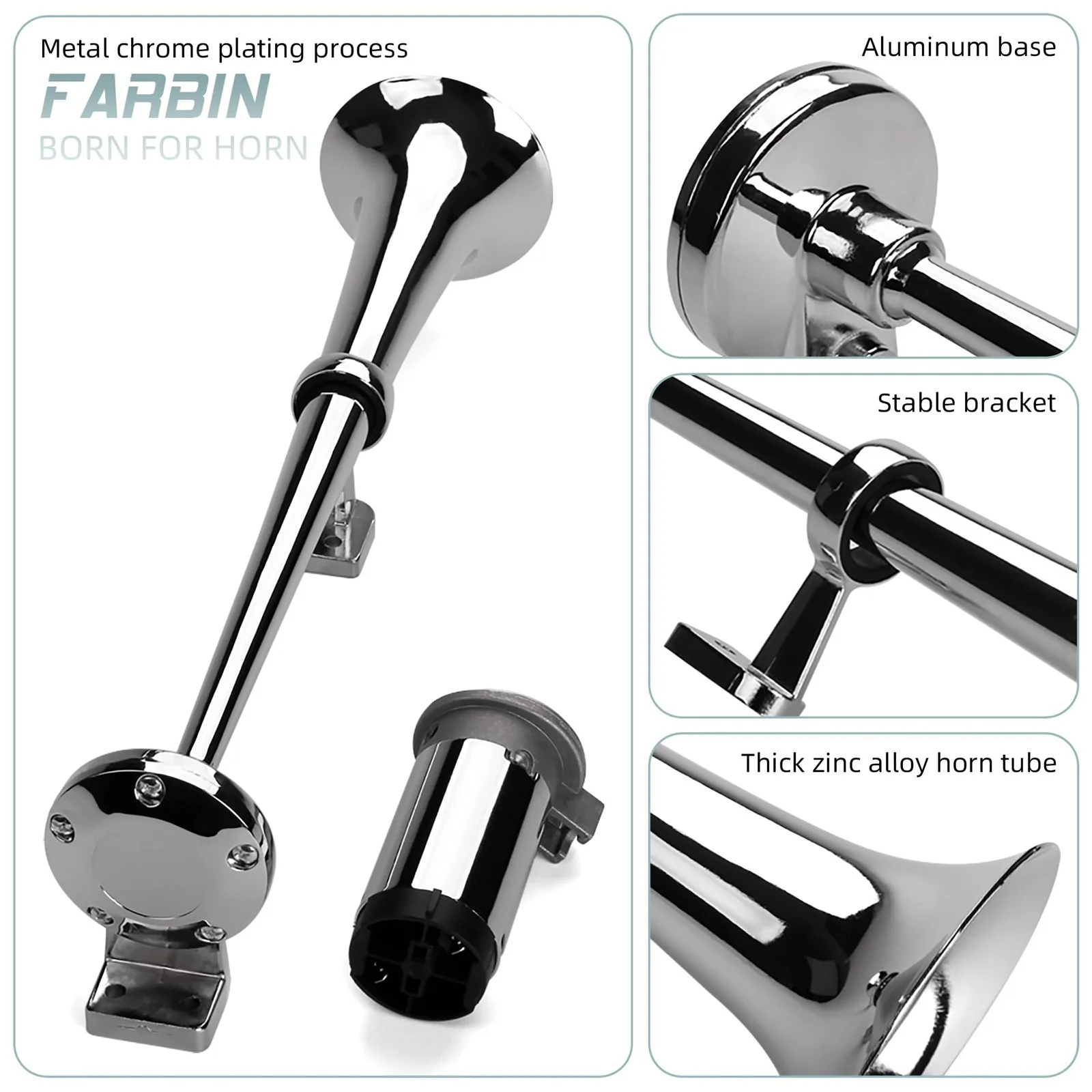 12V 150dB Air Horn Kit 18-Inch Chrome Zinc Single Trumpet Loud Truck Horn - Image 4