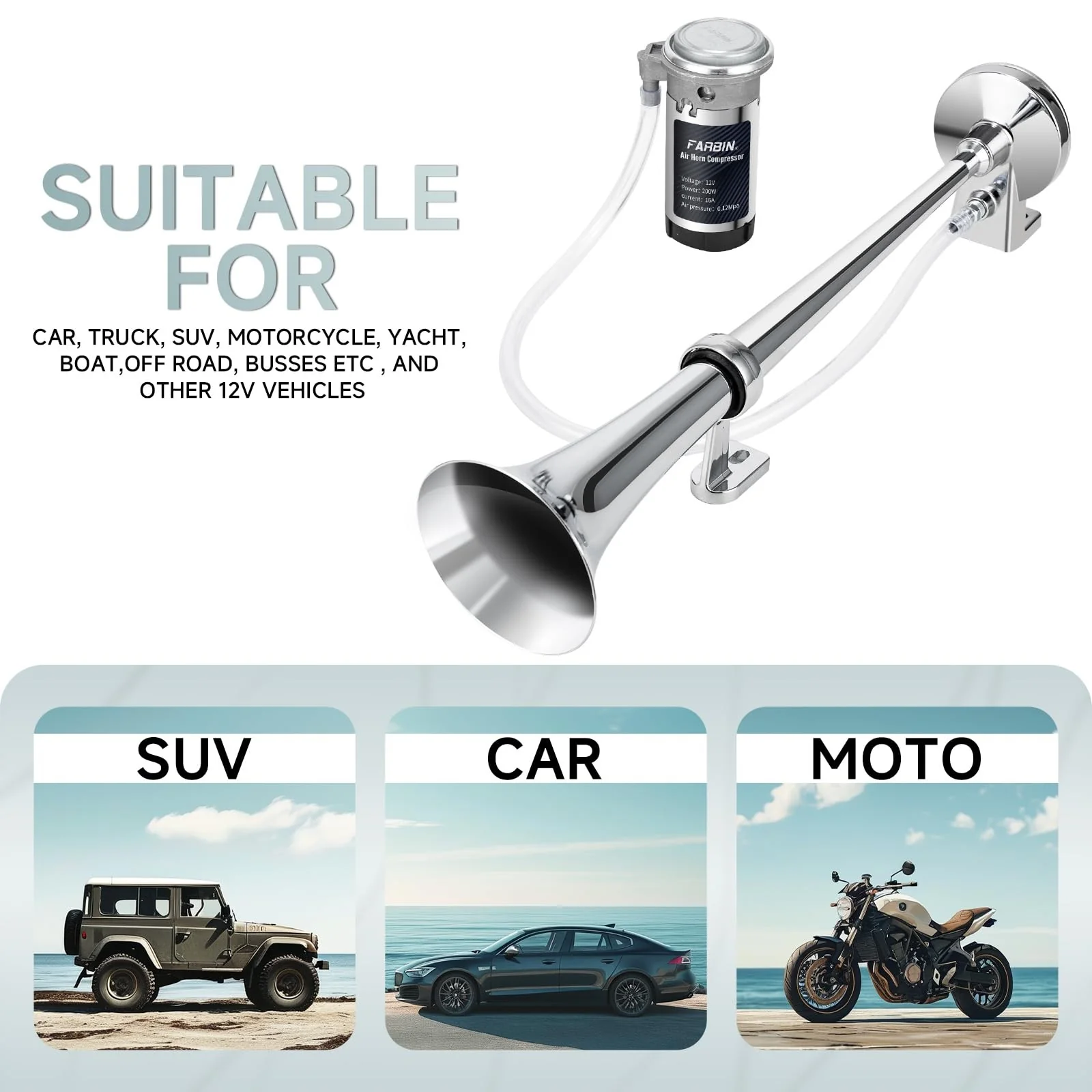 12V 150dB Air Horn Kit 18-Inch Chrome Zinc Single Trumpet Loud Truck Horn - Image 8