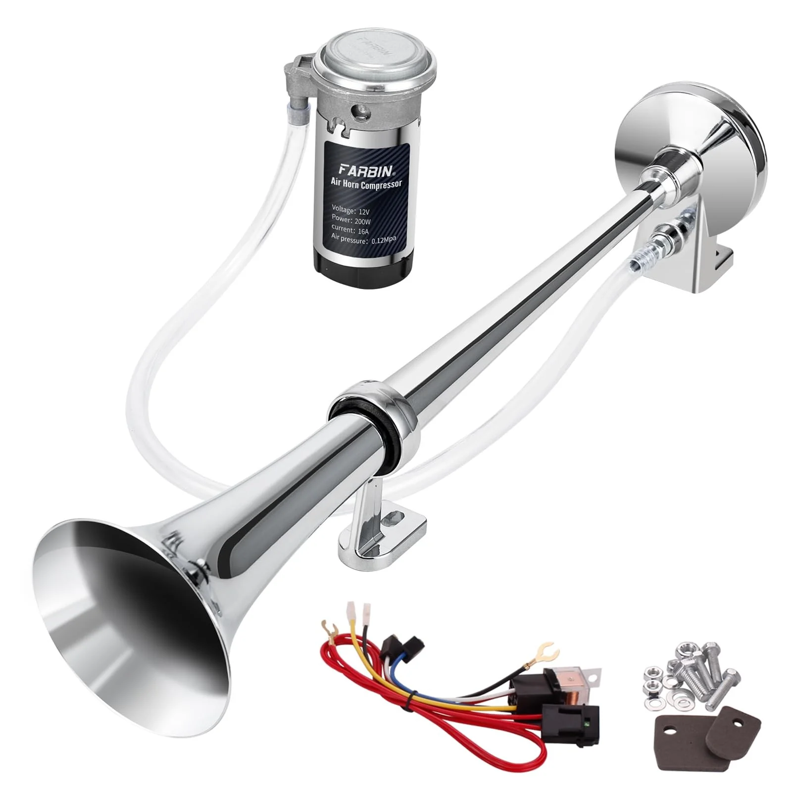 12V 150dB Air Horn Kit 18-Inch Chrome Zinc Single Trumpet Loud Truck Horn - Image 9