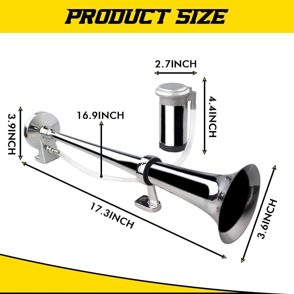 12V 150dB Single Trumpet Car and Truck Air Horn 18-Inch Chrome Zinc - Image 3