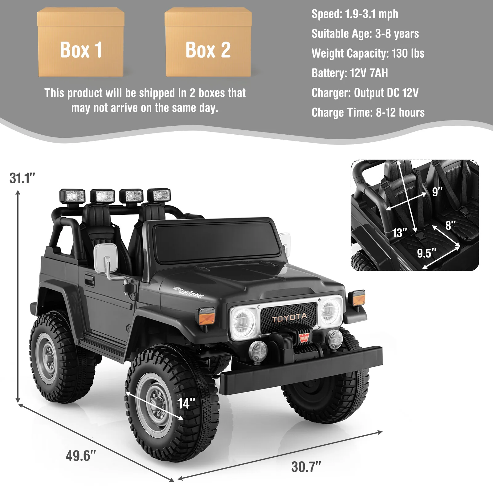 12V 2-Seater Battery-Powered Ride-On Car with 3-Point Seat Belts and Doors, Black - Image 2