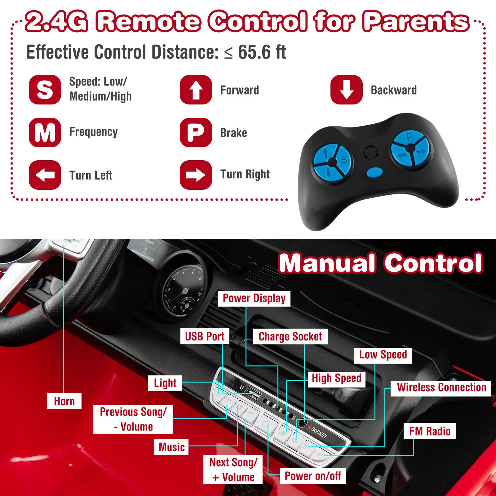 12V 2-Seater Battery Powered Ride-On Car with 3-Point Seat Belts and Doors Red - Image 4