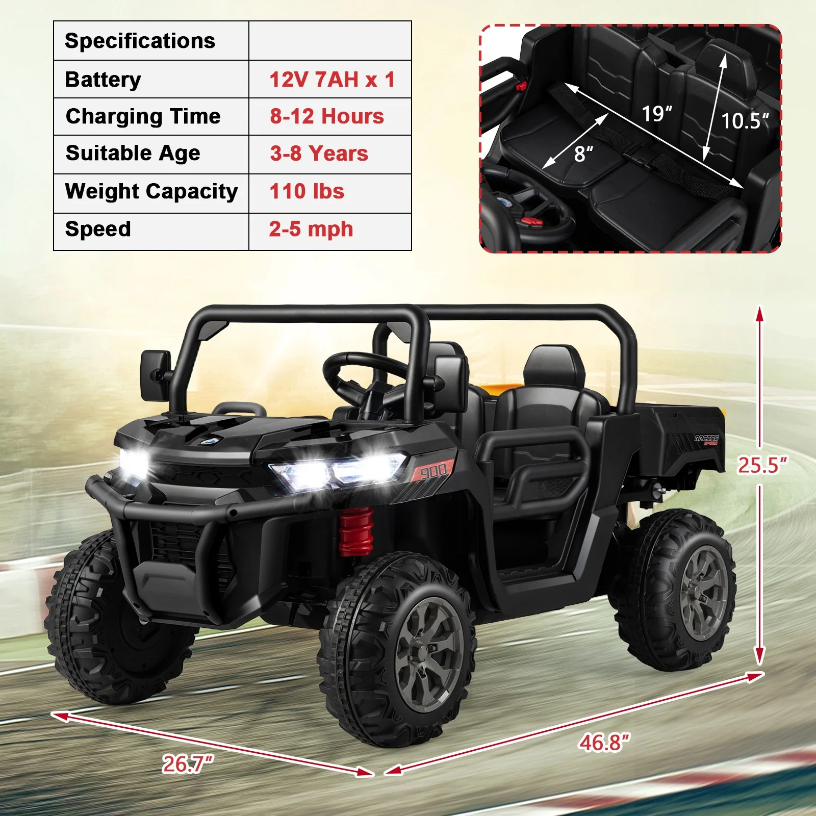 12V 2-Seater Electric Ride-On UTV Dump Truck with Remote Control, Dump Bed, and Shovel - Black - Image 2
