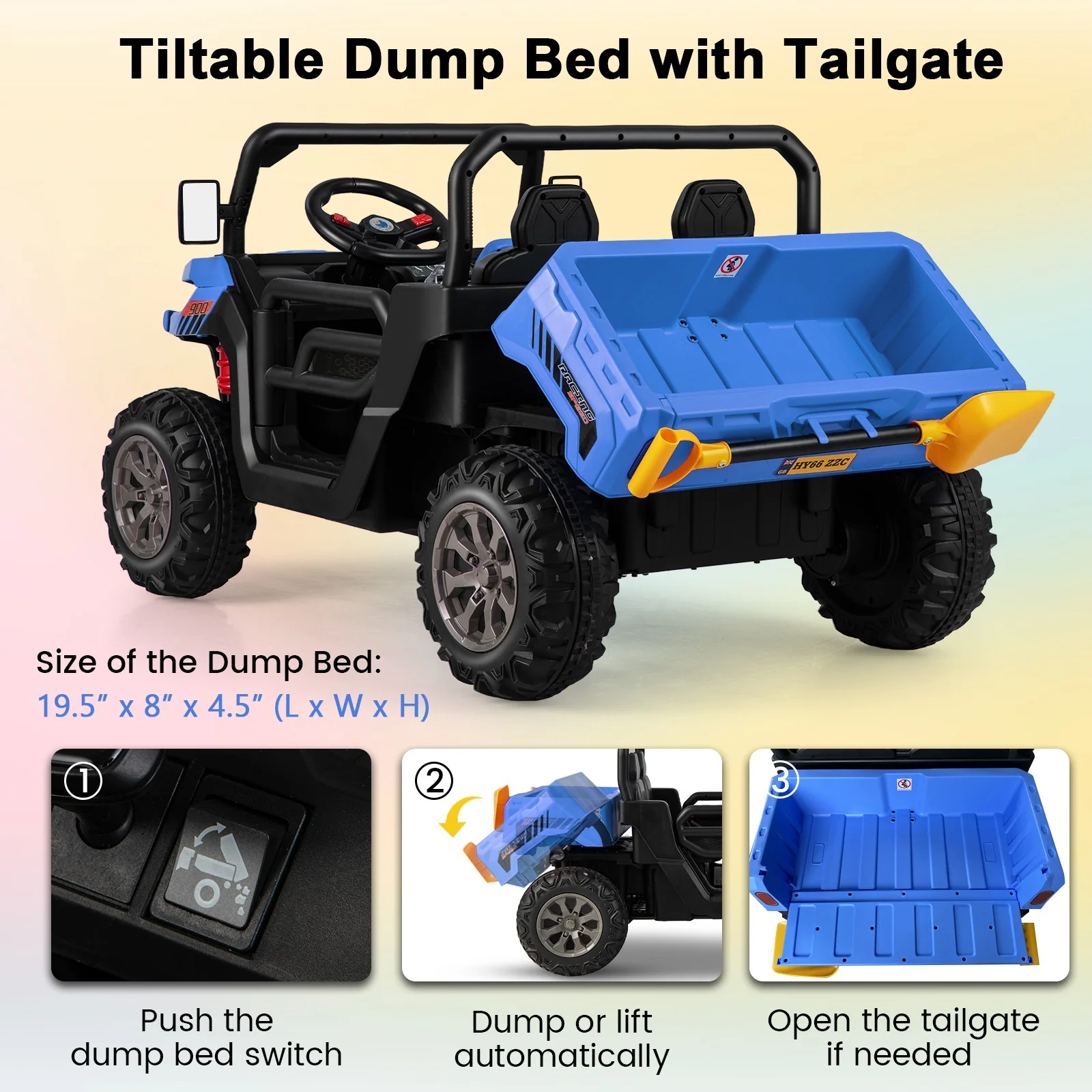 12V 2-Seater Electric Ride-On UTV Dump Truck with Remote Control, Dump Bed, and Shovel - Blue - Image 9