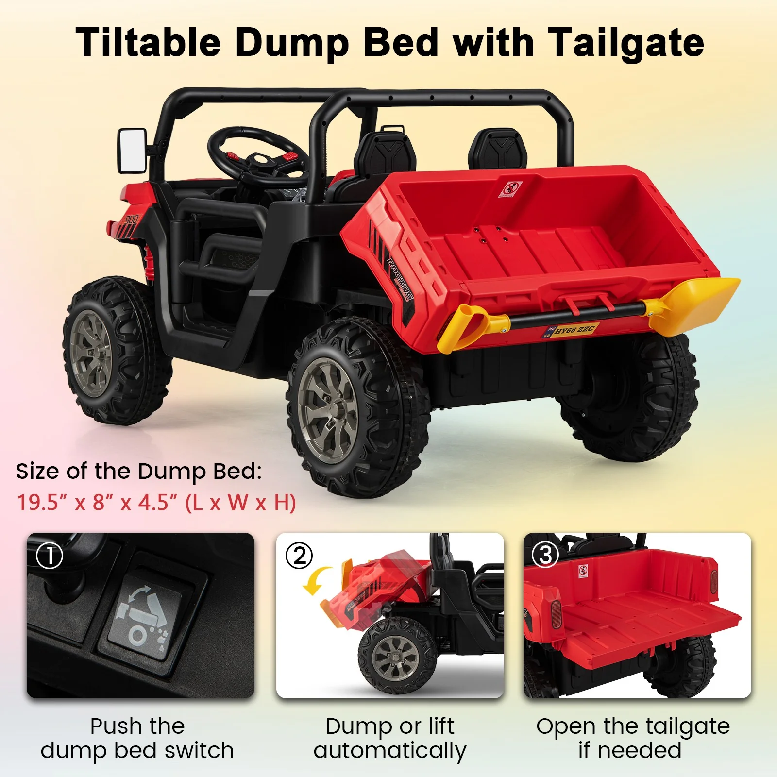 12V 2-Seater Electric Ride-On UTV Dump Truck with Remote Control, Dump Bed, and Shovel - Red - Image 7