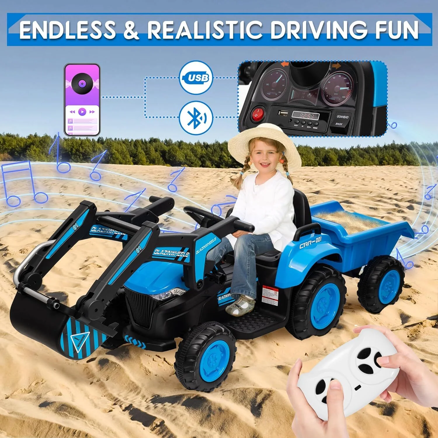 12V 3-in-1 Kids Electric Ride-On Excavator with Detachable Trailer - Image 14