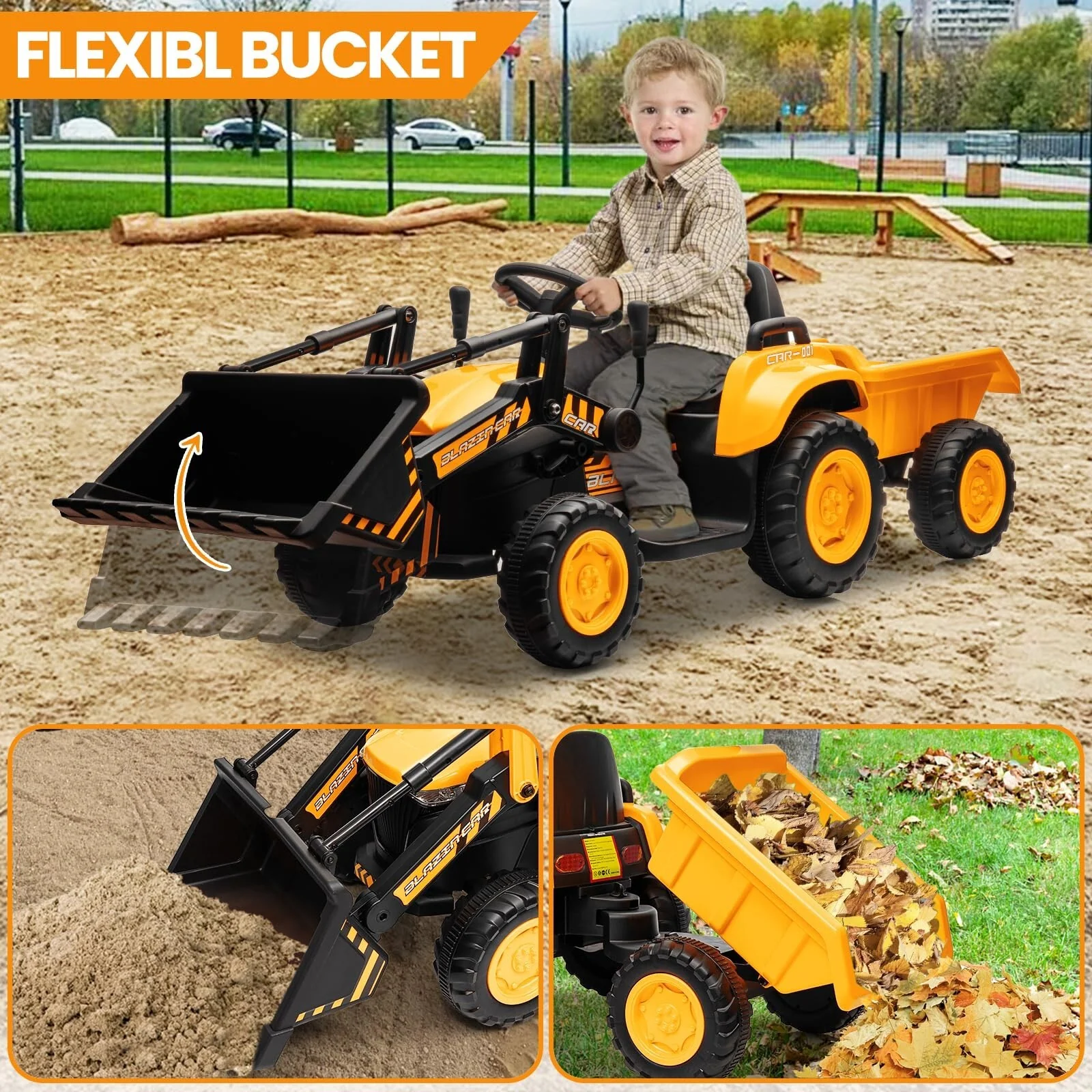 12V 3-in-1 Kids Electric Ride-On Excavator Bulldozer Tractor with Remote and Trailer - Image 13
