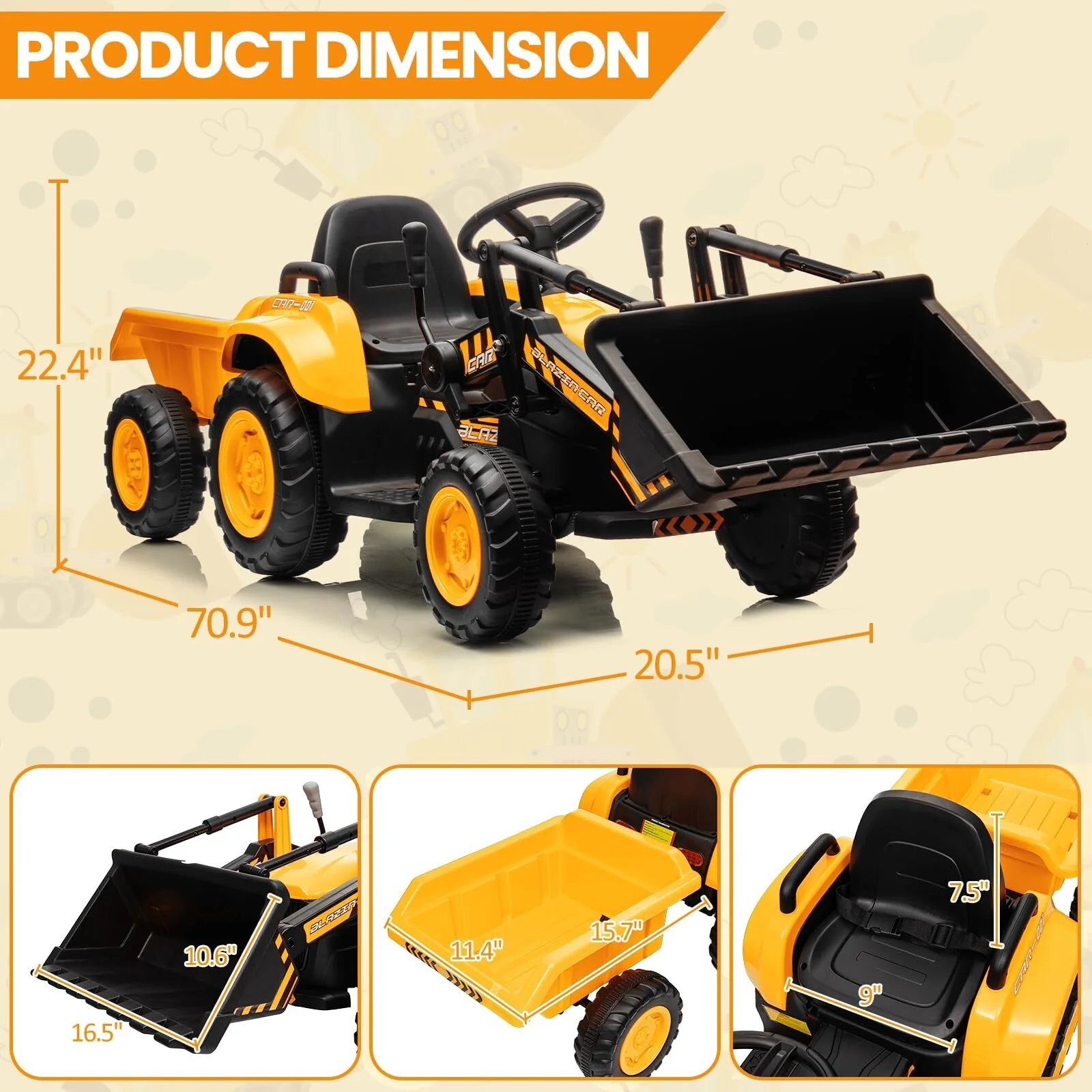 12V 3-in-1 Kids Electric Ride-On Excavator Bulldozer Tractor with Remote and Trailer - Image 14