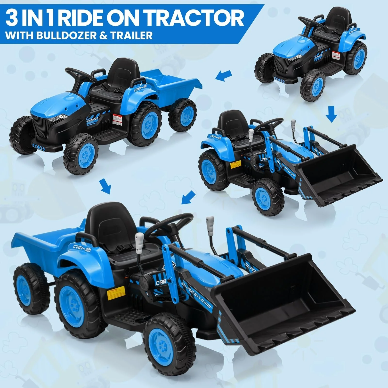 12V 3-in-1 Kids Electric Ride-On Excavator Bulldozer Tractor with Remote and Trailer - Image 17
