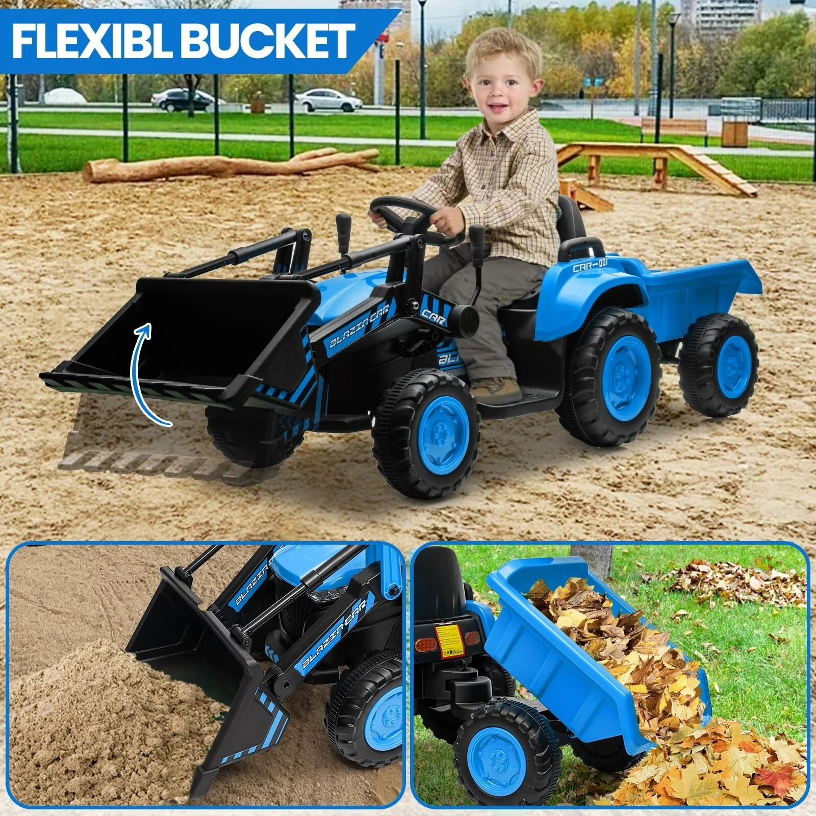 12V 3-in-1 Kids Electric Ride-On Excavator Bulldozer Tractor with Remote and Trailer - Image 18