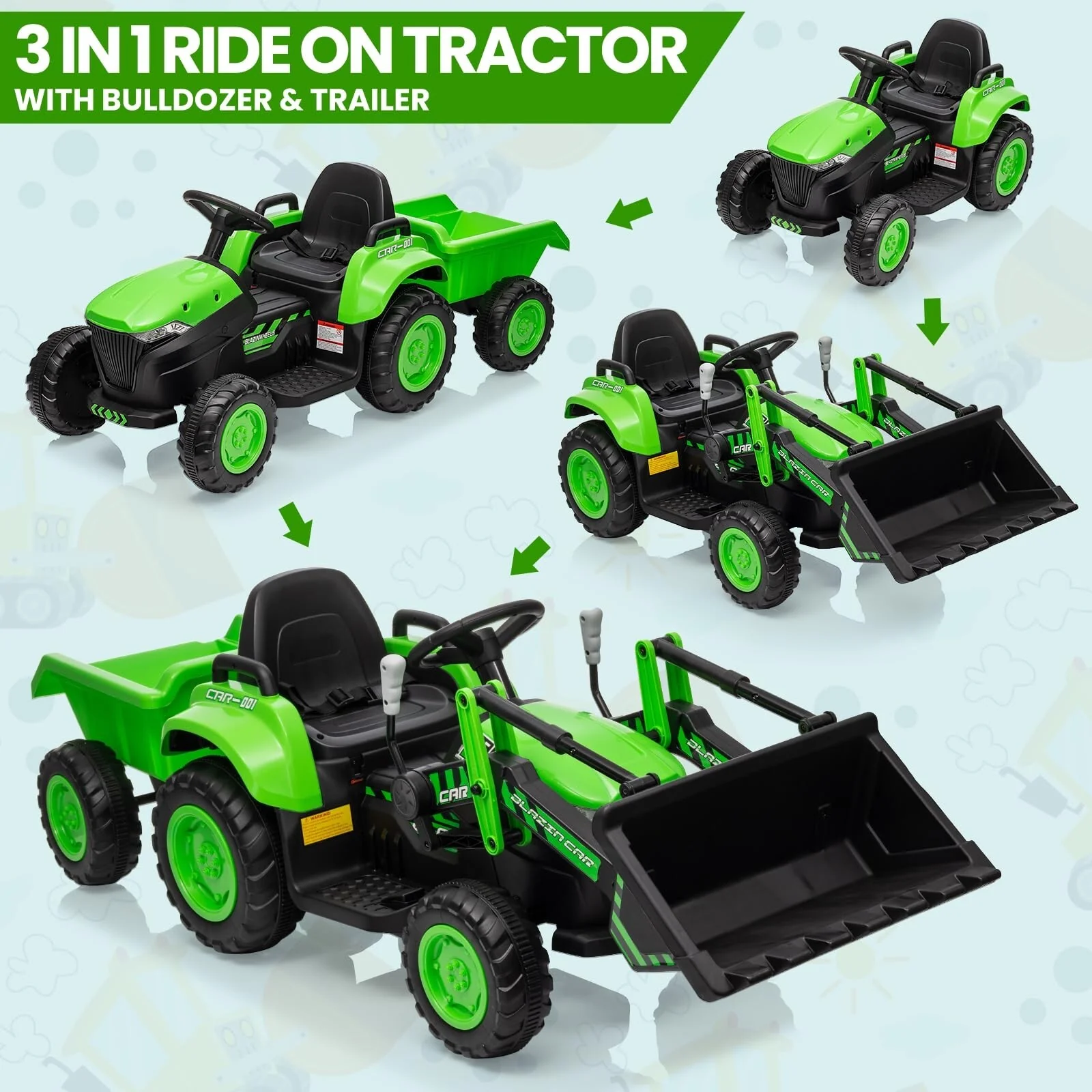 12V 3-in-1 Kids Electric Ride-On Excavator Bulldozer Tractor with Remote and Trailer - Image 2
