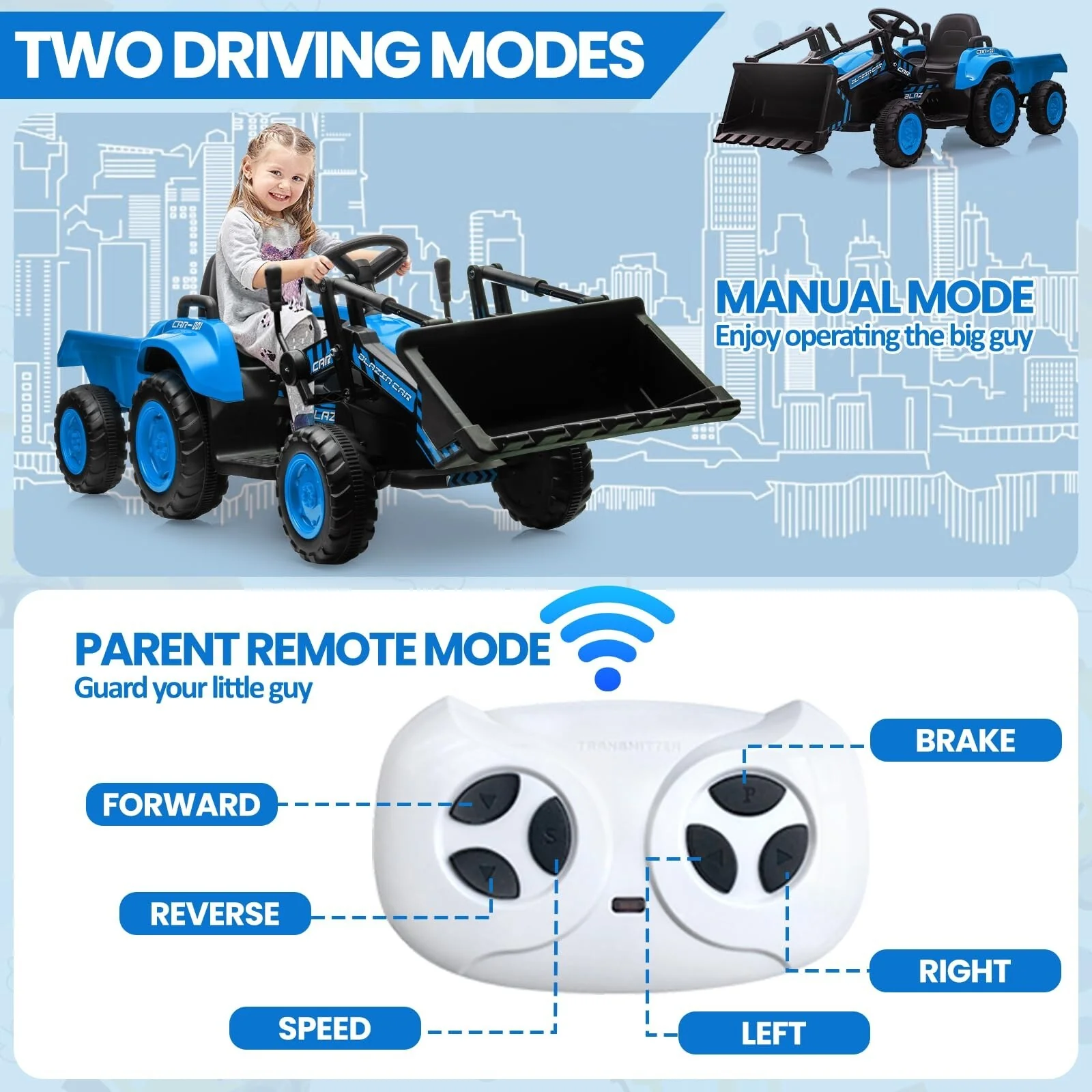 12V 3-in-1 Kids Electric Ride-On Excavator Bulldozer Tractor with Remote and Trailer - Image 20