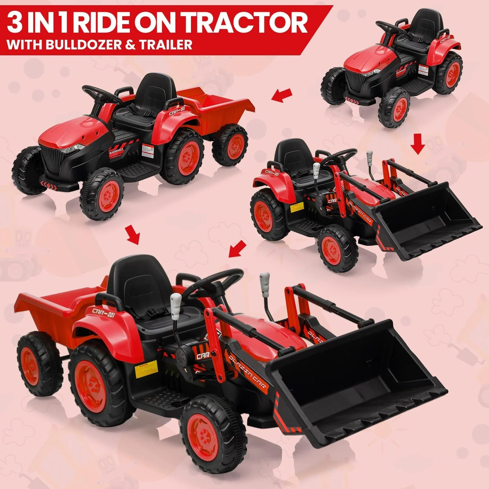 12V 3-in-1 Kids Electric Ride-On Excavator Bulldozer Tractor with Remote and Trailer - Image 24