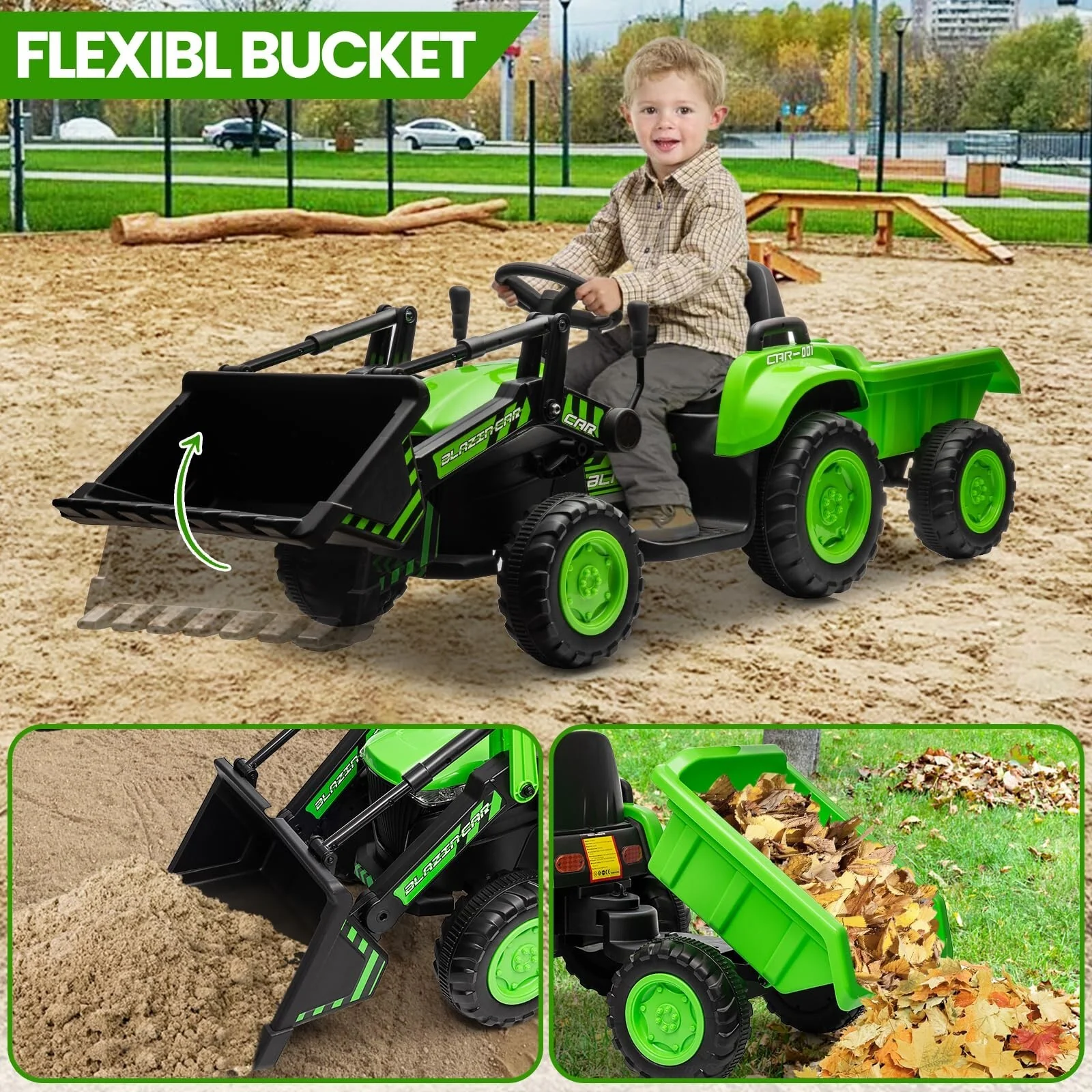 12V 3-in-1 Kids Electric Ride-On Excavator Bulldozer Tractor with Remote and Trailer - Image 5