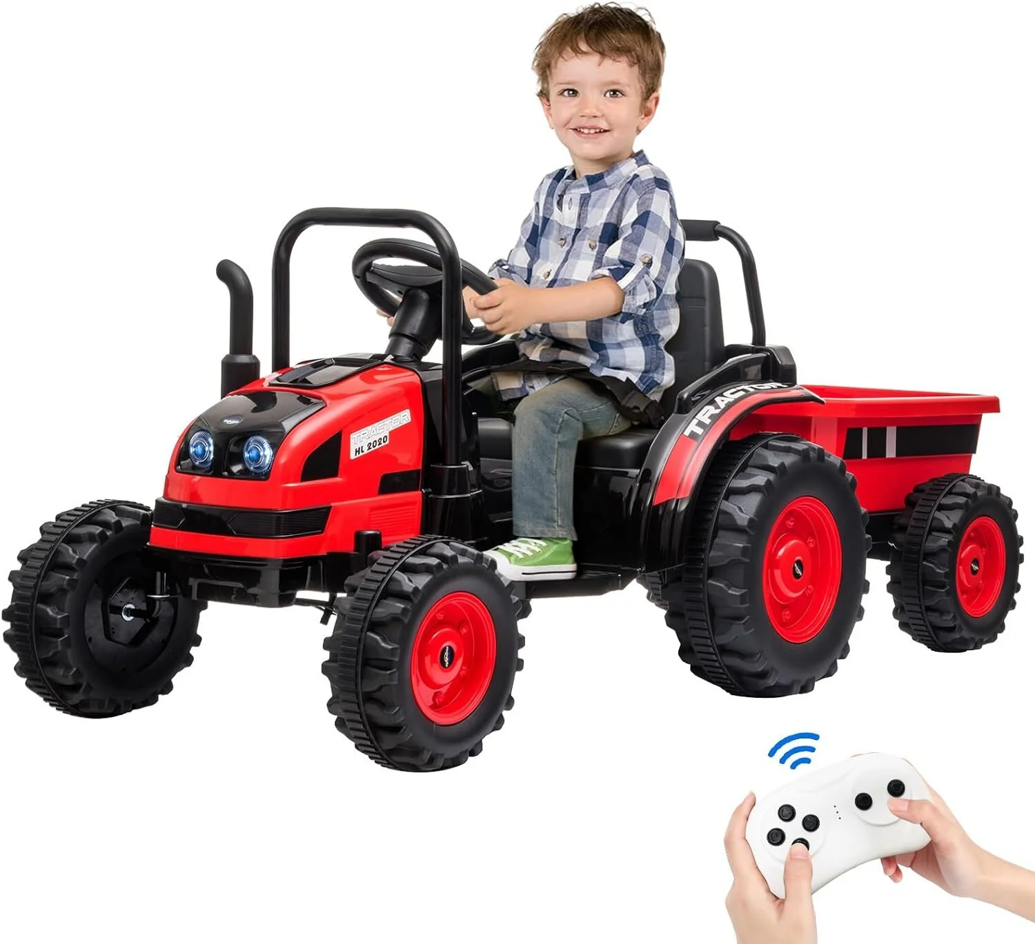 12V 7AH Kids Ride-On Tractor with Trailer, Remote Control, LED Lights, Music, and Suspension - Image 27