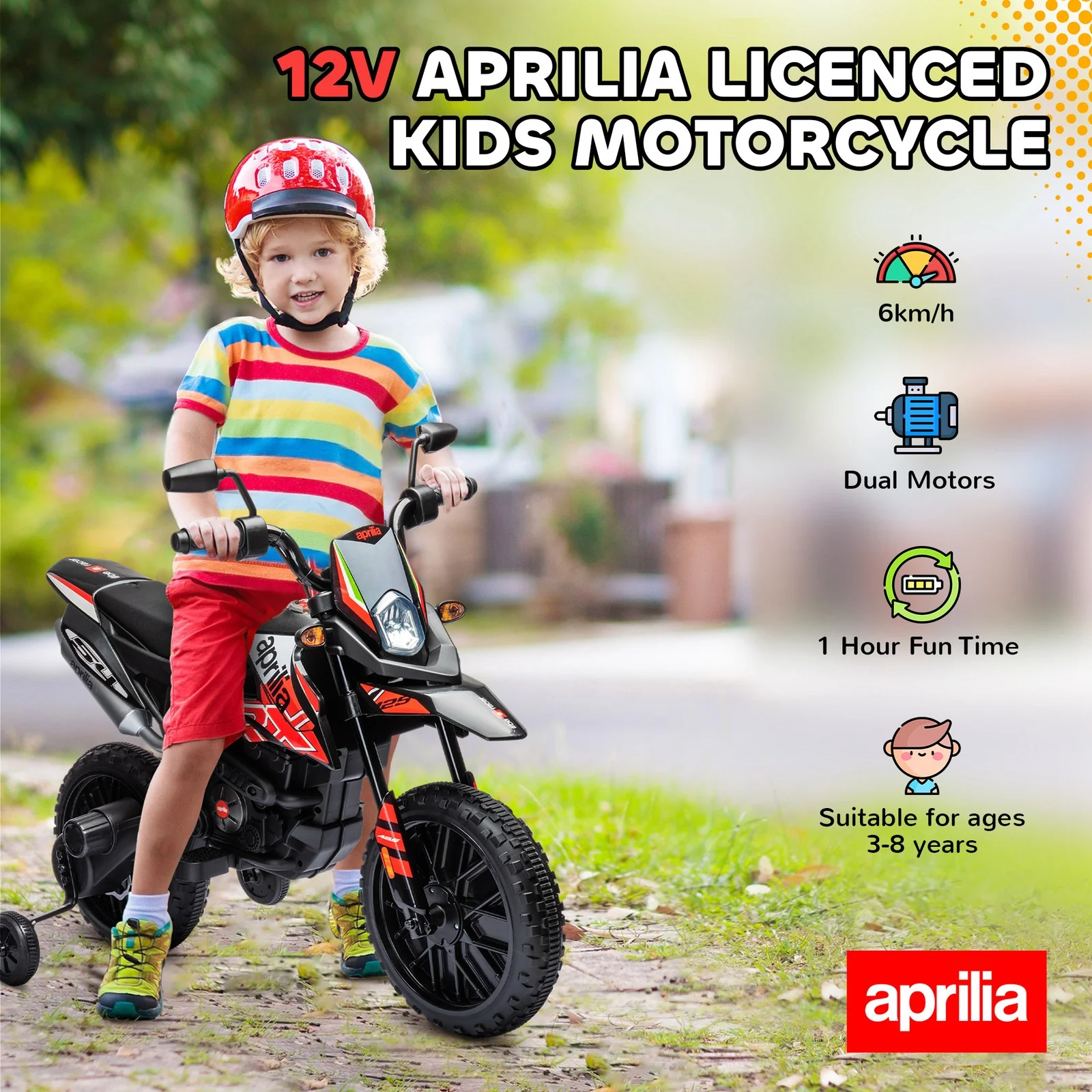 12V Licensed Kids Motorcycle with Training Wheels Red - Image 5