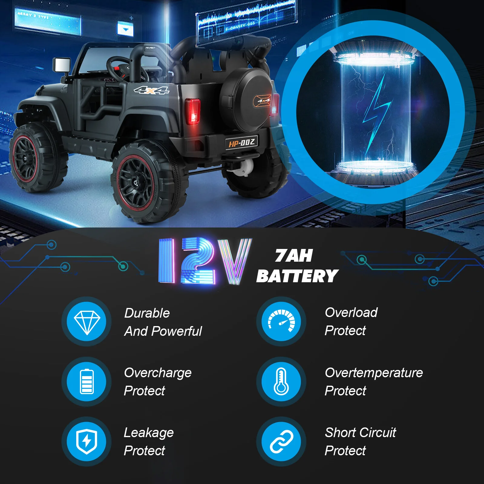 12V Battery Powered Kids Ride-On Truck with 3 Speeds, Remote Control, MP3, LED Lights, USB, and Black Cover - Image 3