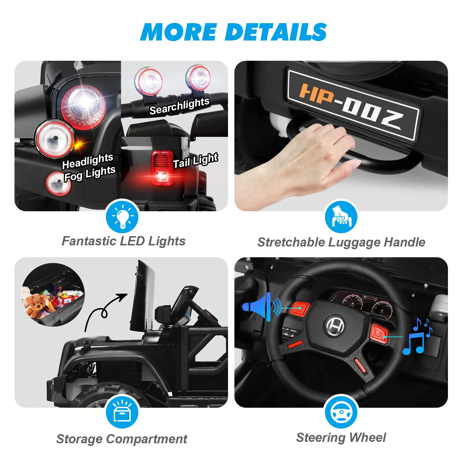 12V Battery Powered Kids Ride-On Truck with 3 Speeds, Remote Control, MP3, LED Lights, USB, and Black Cover - Image 9