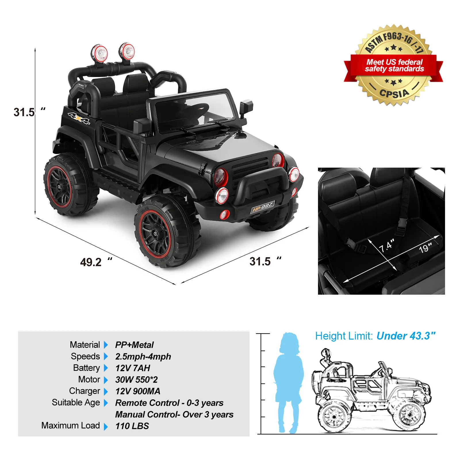 12V Black Kids Ride-On Truck Car Toy with MP3, LED Lights, RC Controller, and Battery Cover - Image 2