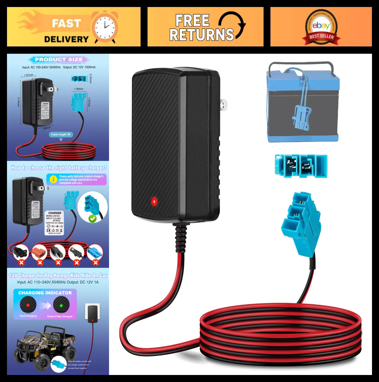12V Charger for Children’s Electric Ride-On Cars, Peg-Perego, Gators, Polaris