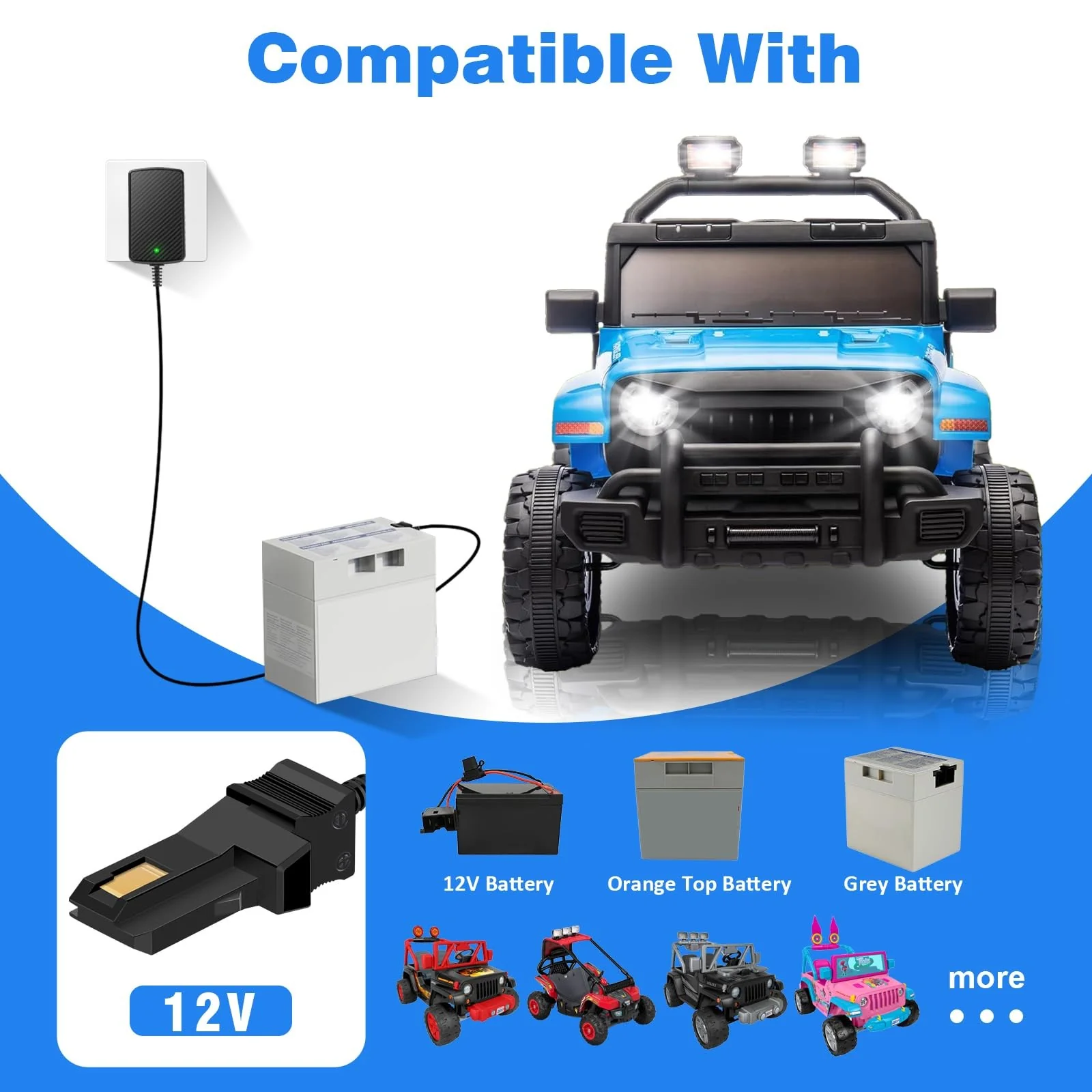 12V Battery Charger for Power Wheels with Gray Battery and Orange Top - Image 3