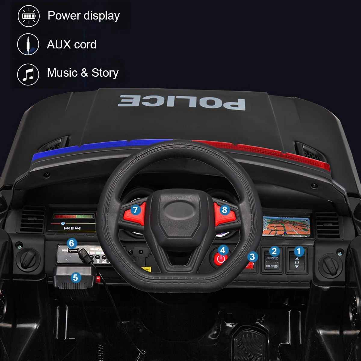 12V Battery-Powered Electric Police Ride-On Car with Parent Remote Control for Kids Ages 3-8 - Image 4