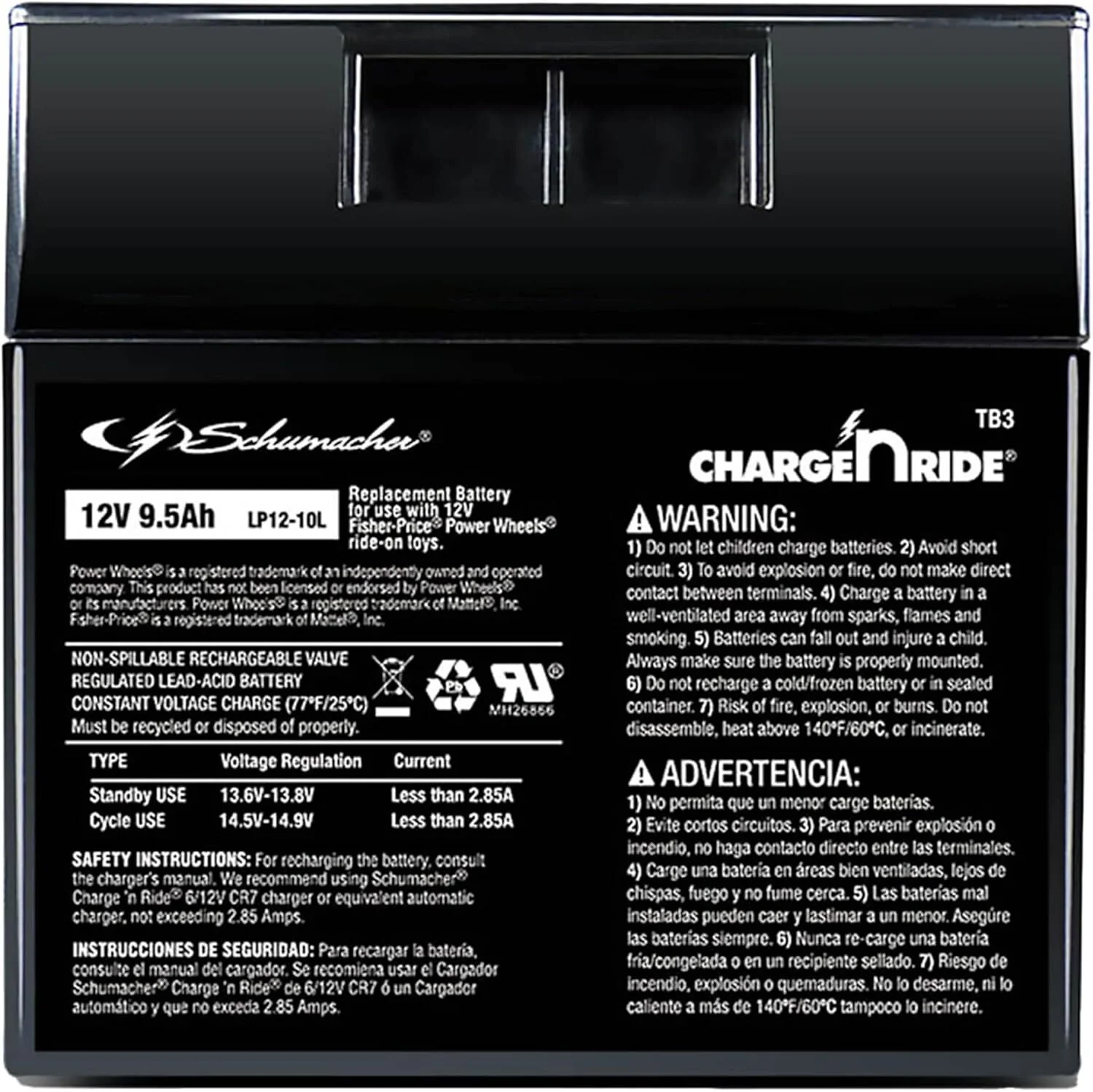 12V 9.5Ah Rechargeable Battery with Replaceable Fuse for Ride-On Toys TB3