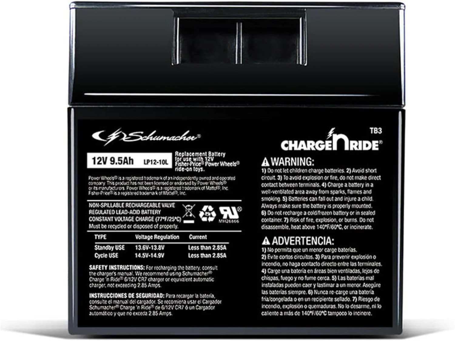 12V 9.5Ah Rechargeable Battery with Replaceable Fuse for Ride-On Toys TB3 - Image 3