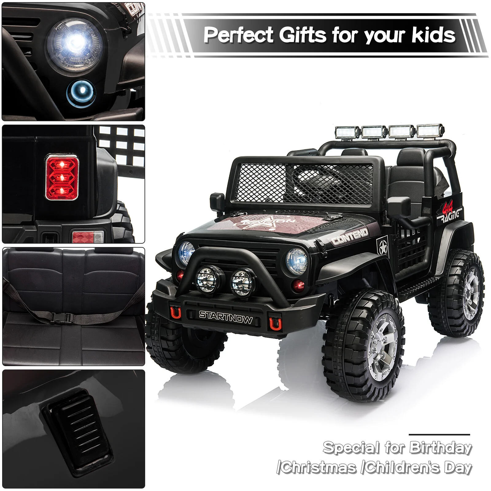 12V Battery Powered Kids Ride-On Truck with USB MP3, LED Lights, and Remote Control - Black - Image 2
