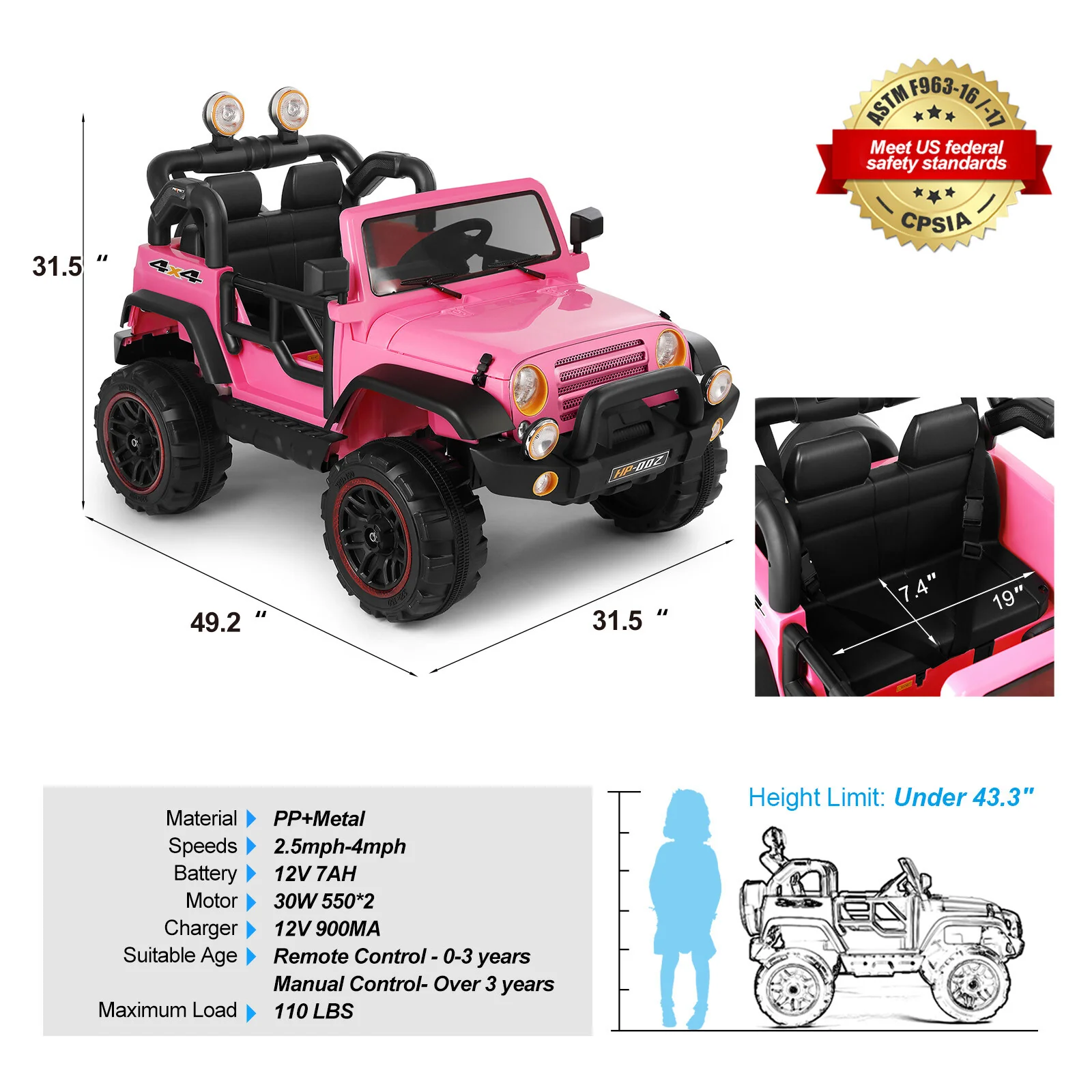 12V Pink and Black Kids Ride-On Truck with MP3, LED Lights, Remote Control, and Battery Cover - Image 2