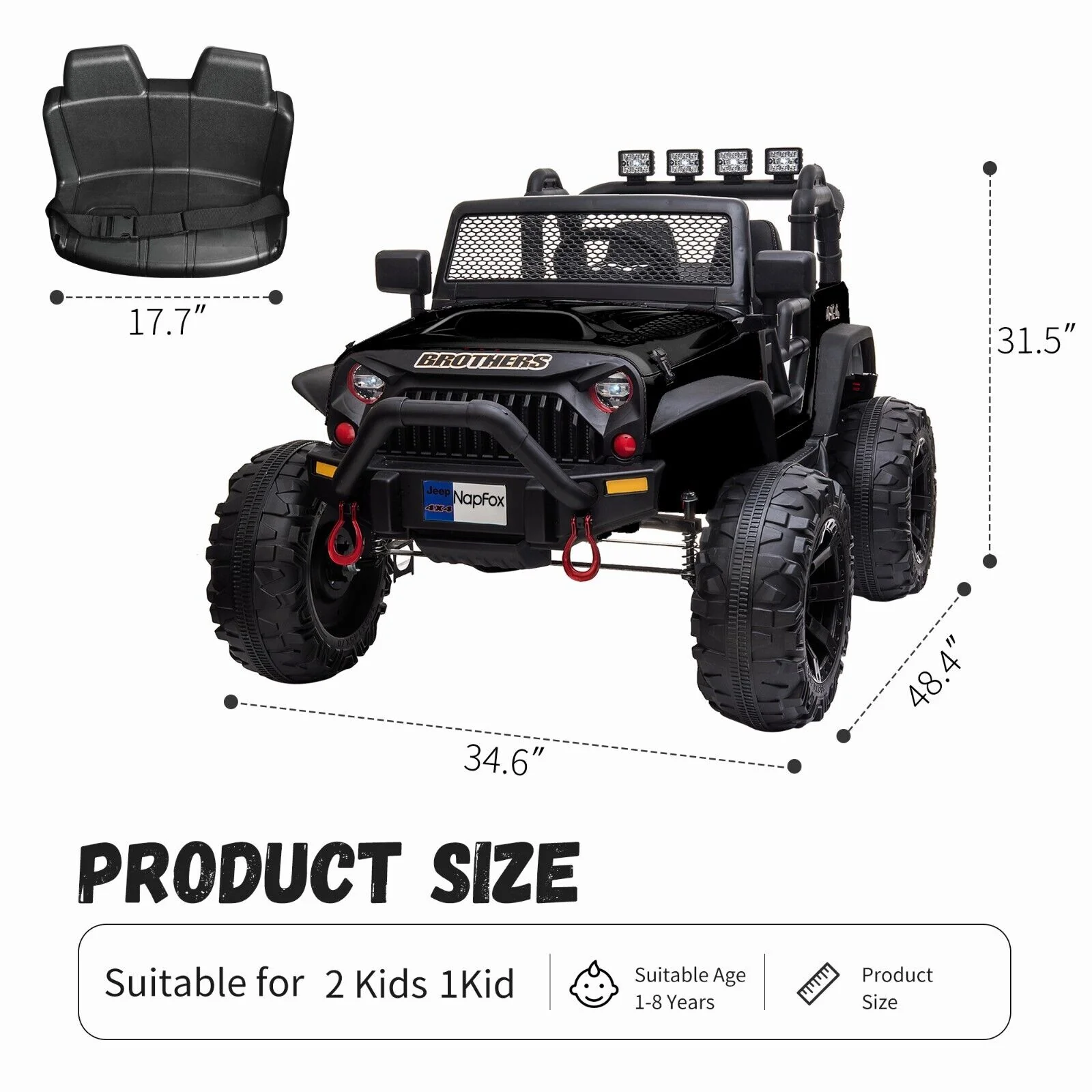 12V Battery Powered Electric Ride On Car for Kids with 2 Seats - Black, 48.4 - Image 8