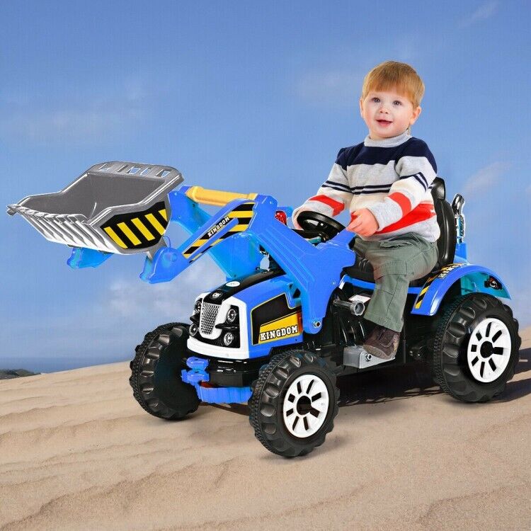12V Battery Powered Kids Excavator Truck with Front Loader Digger - Blue - Image 3