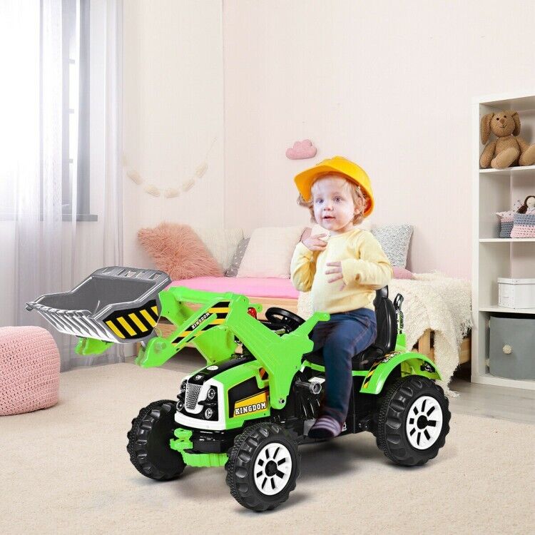 12V Battery Powered Kids Excavator Truck with Front Loader Digger - Green - Image 4