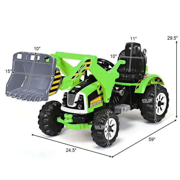 12V Battery Powered Kids Excavator Truck with Front Loader Digger - Green - Image 5