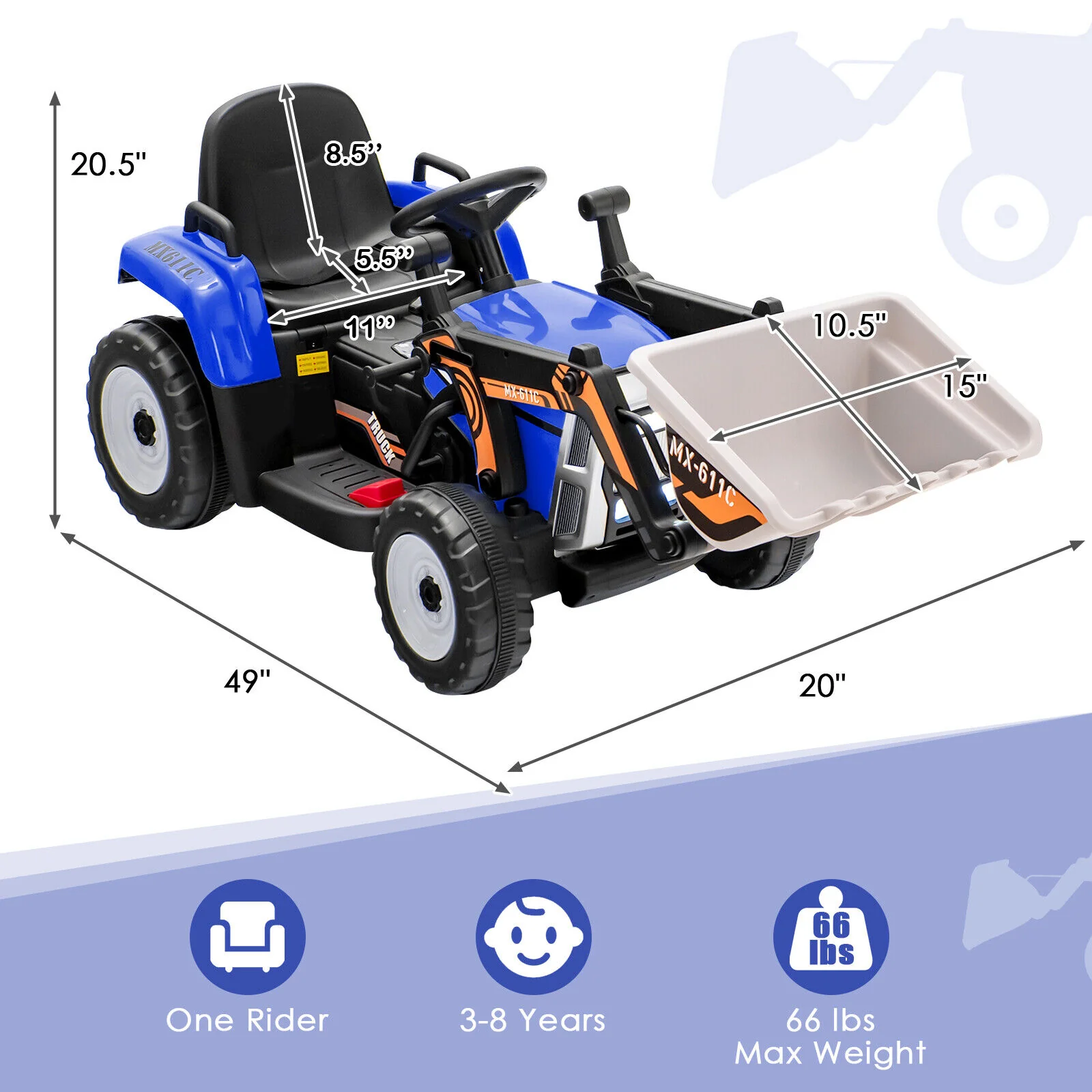12V Battery Powered Kids Excavator with Adjustable Arm - Blue - Image 2