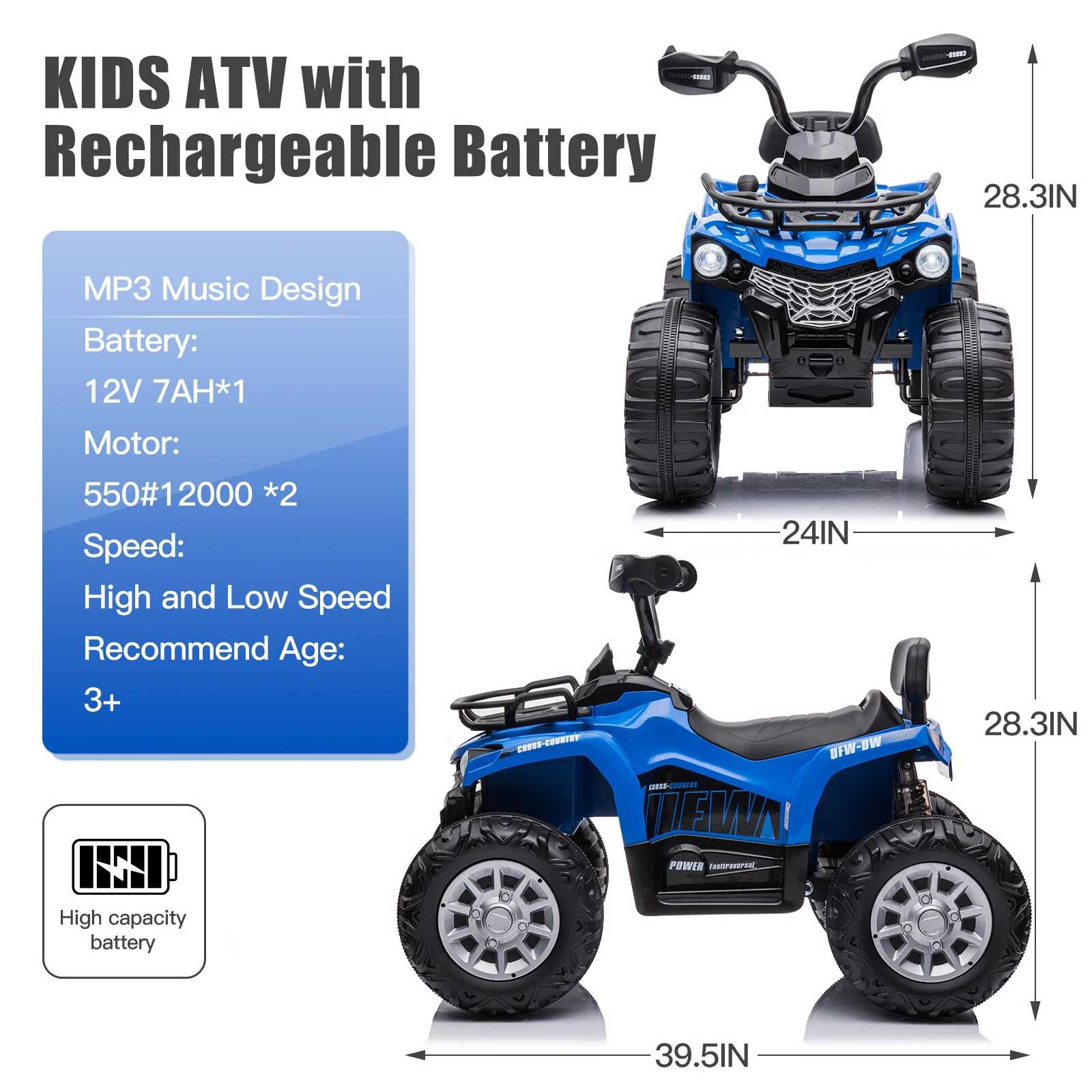12V Battery-Powered Kids Ride-On ATV Quad Four Wheeler Toy with LED Headlights - Image 2