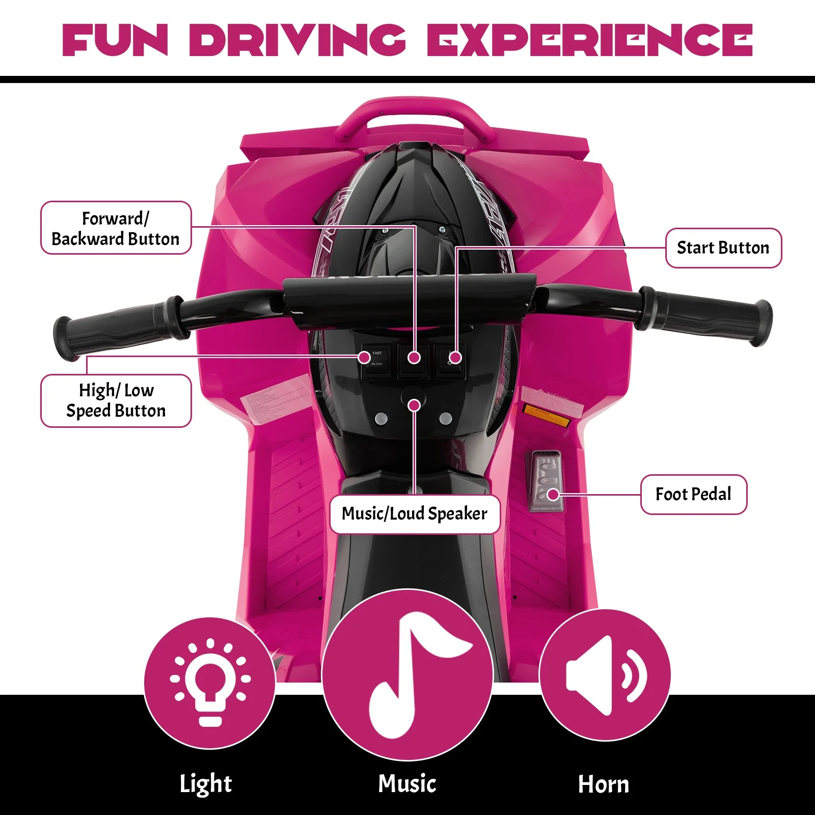 12V Battery-Powered Kids Ride-On ATV with Bright Headlights and Built-In Music Pink - Image 6