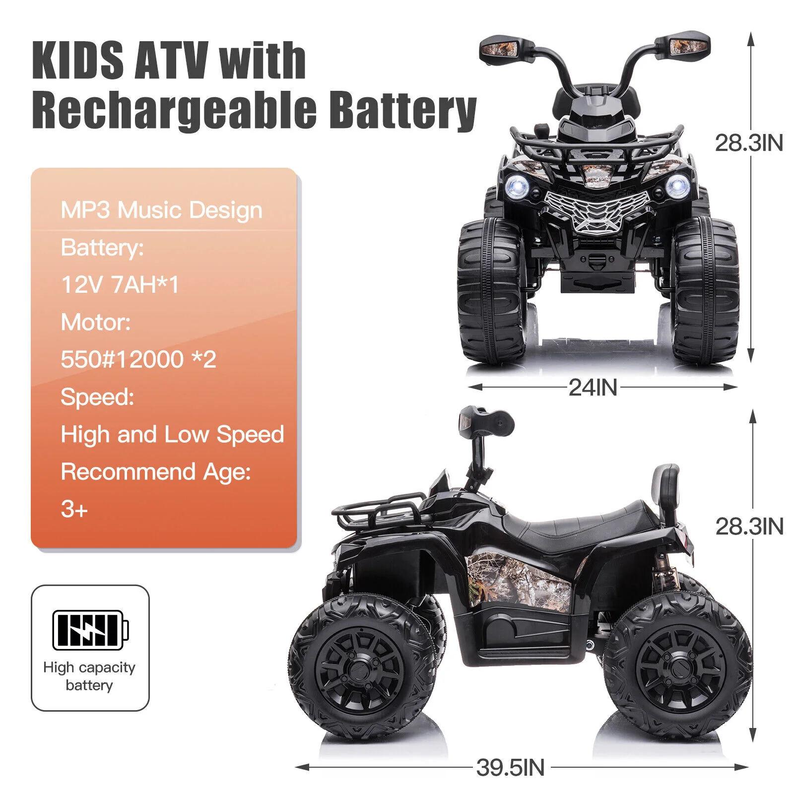 12V Battery Powered Ride On Quad ATV Toy with LED Headlights for Kids - Image 11