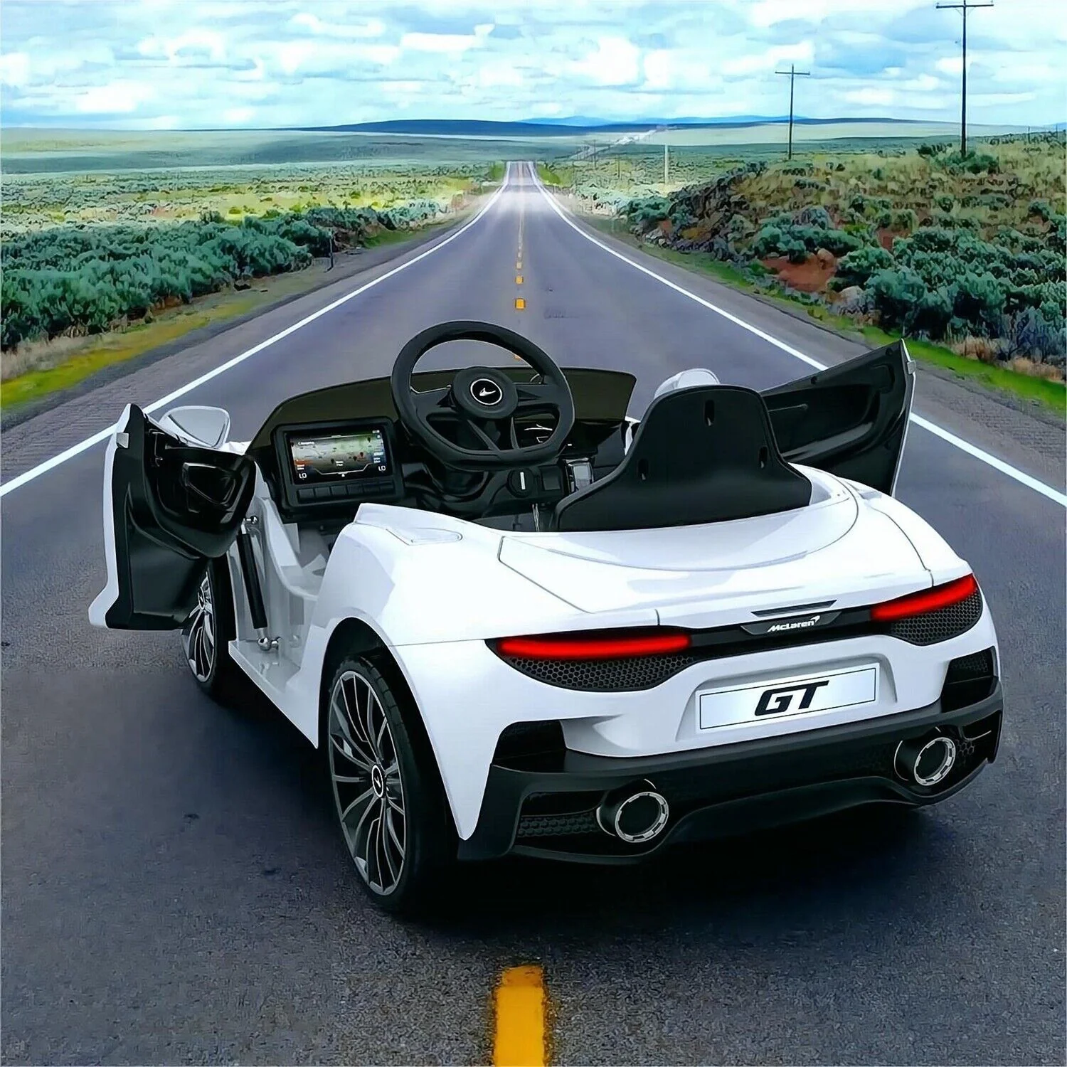 12V Battery Powered Sports Car for Kids with LED Headlights and 2 Speeds - White - Image 2