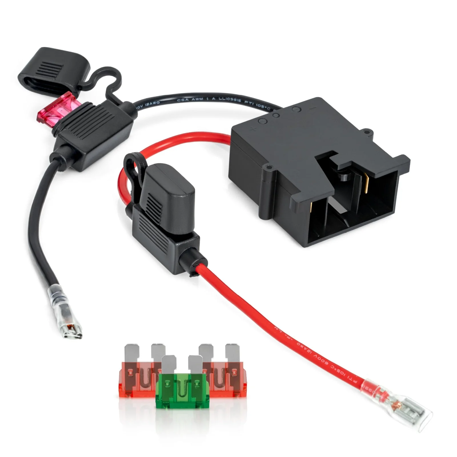 12V Battery Wire Harness Connector Featuring Dual Fuse Safety Protection