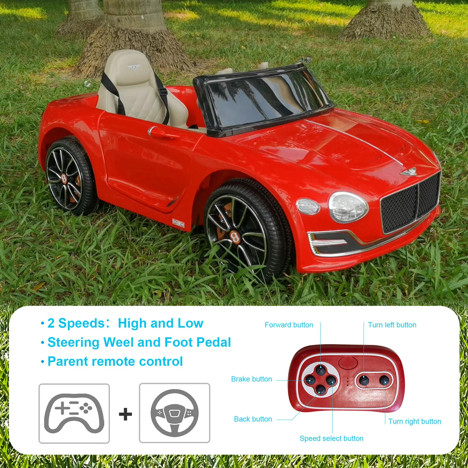 12V Bentley Style Kids Ride On Electric Toy Car with Remote Control and LED Lights - Image 3