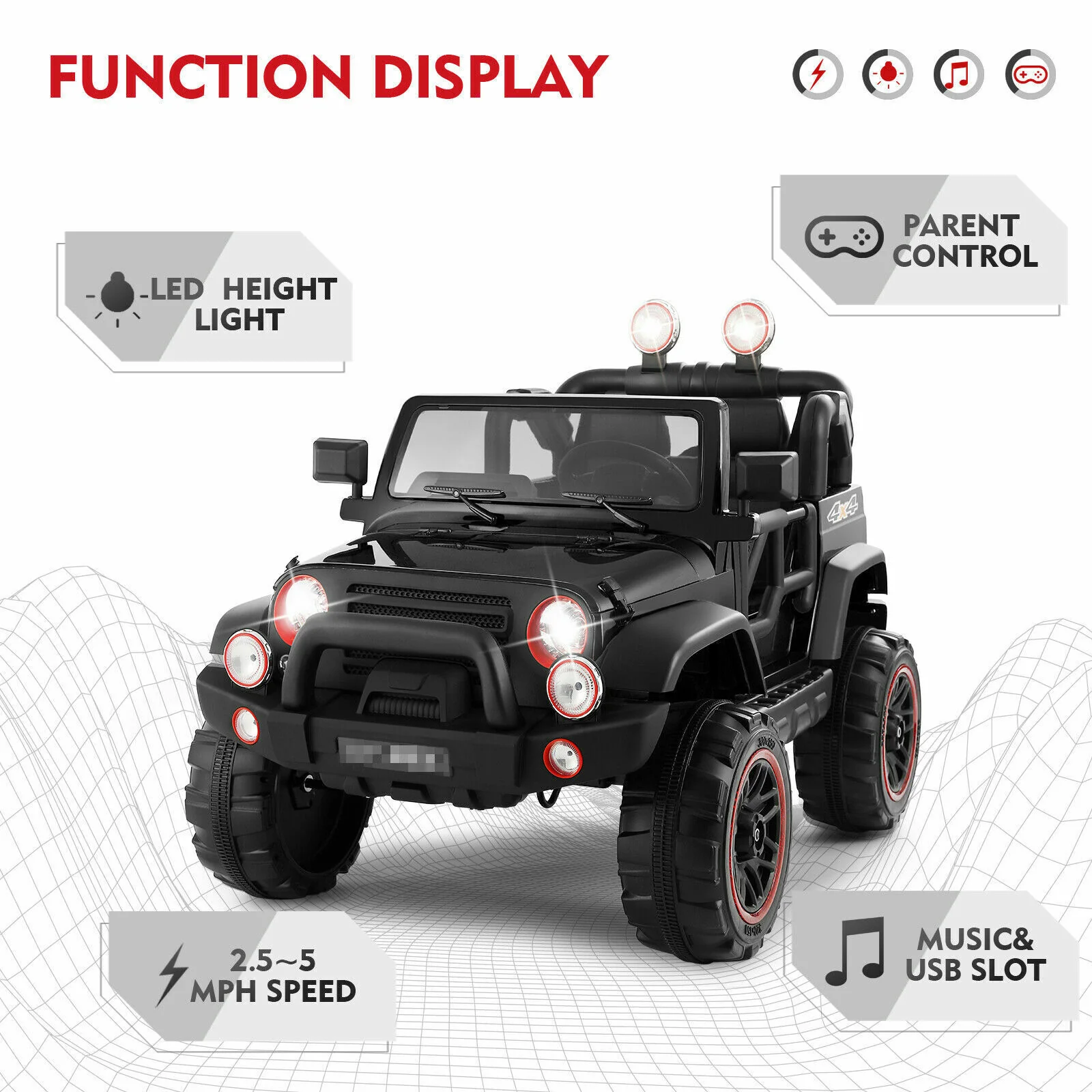 12V Black Kids Ride-On Truck with MP3, LED Lights, Remote Control, and Cover - Image 5