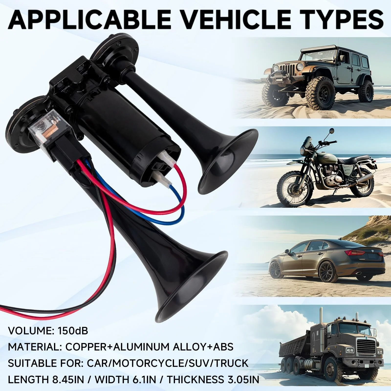 12V Black Waterproof Truck Horn with 150dB Compressor and Integrated Dual Tubes - Image 3