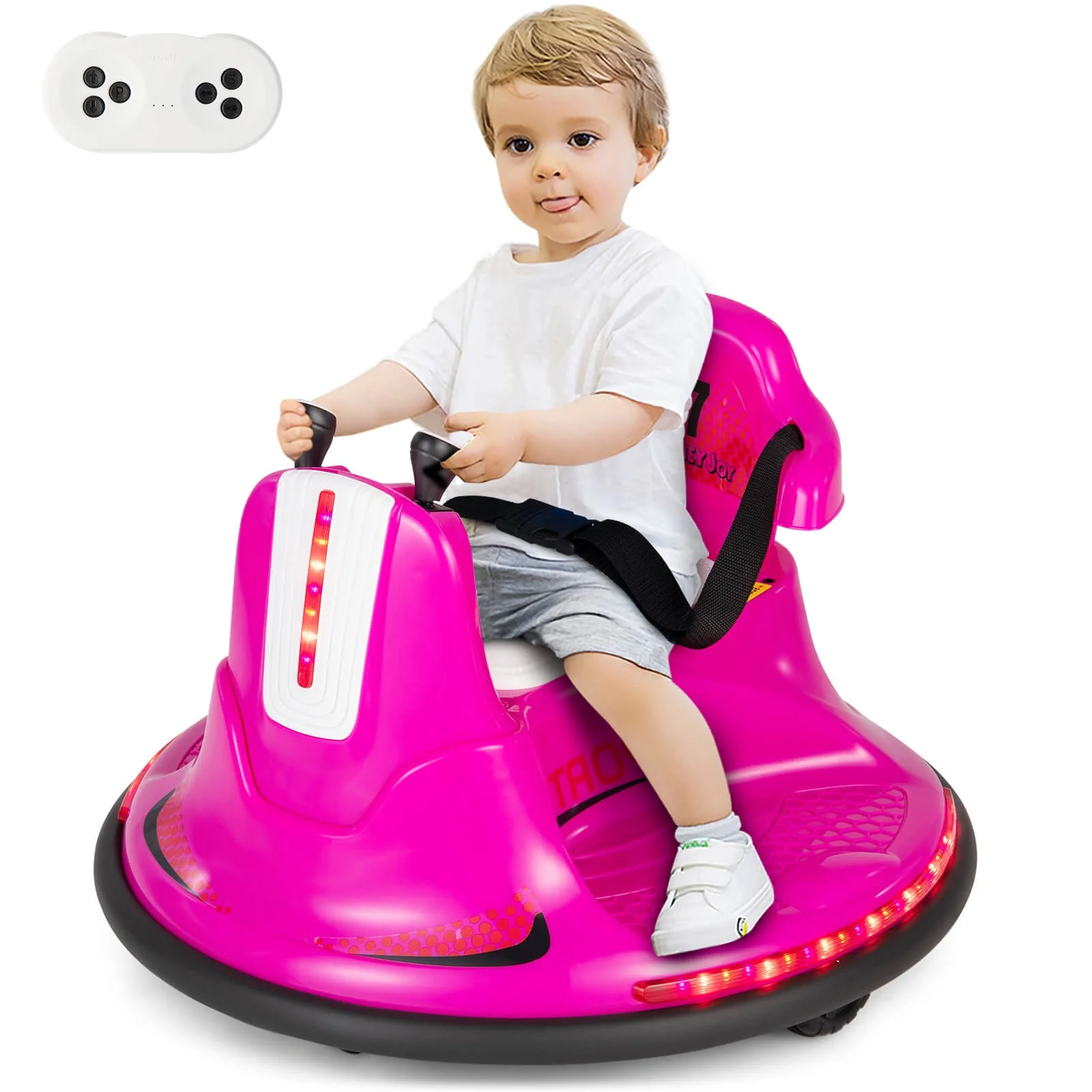 12V Electric Pink Bumper Ride-On Car for Kids and Toddlers with 360 Degree Spin
